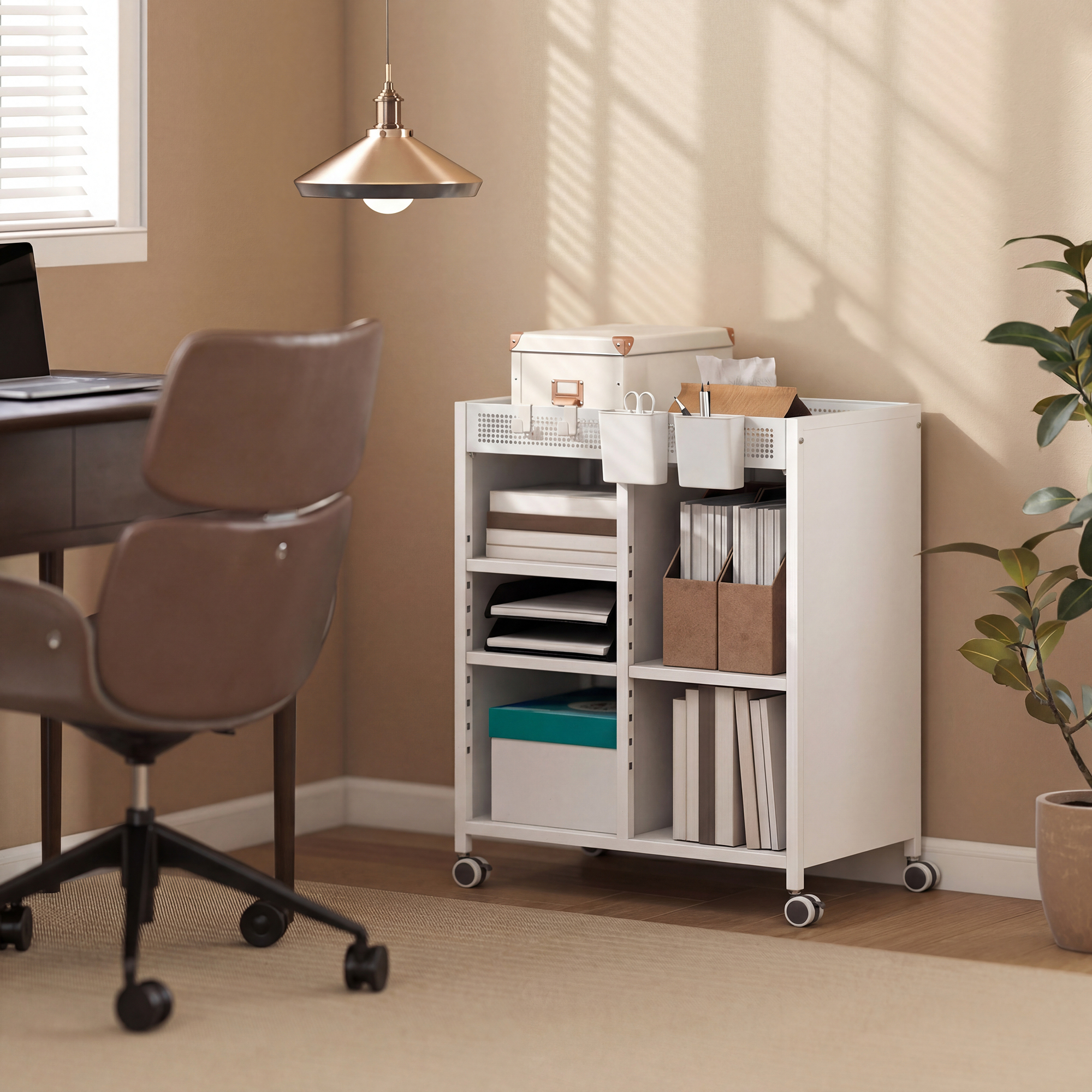 Bücherregal auf Rollen, 4-stufig, verstellbare Regalböden & Hängekörbe für Home Office und Wohnzimmer, Weiß