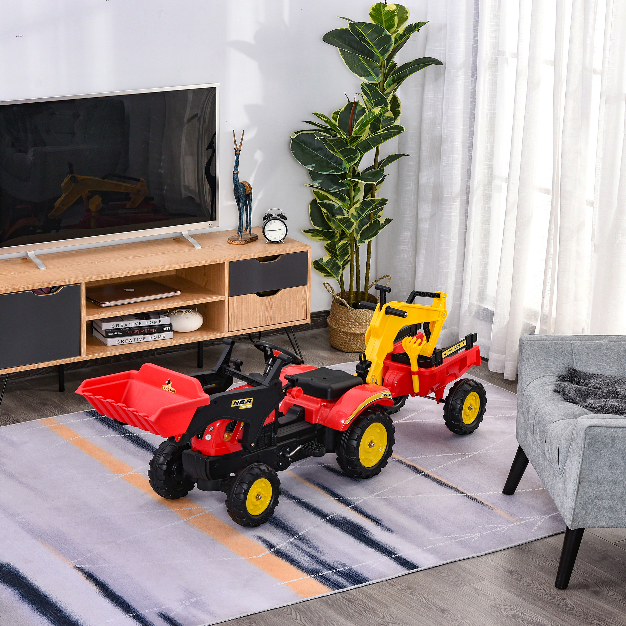 Trettraktor mit Anhänger, Frontlader, verstellbarer Schaufel, Traktor Tretfahrzeug für Kinder ab 3 Jahren Rot