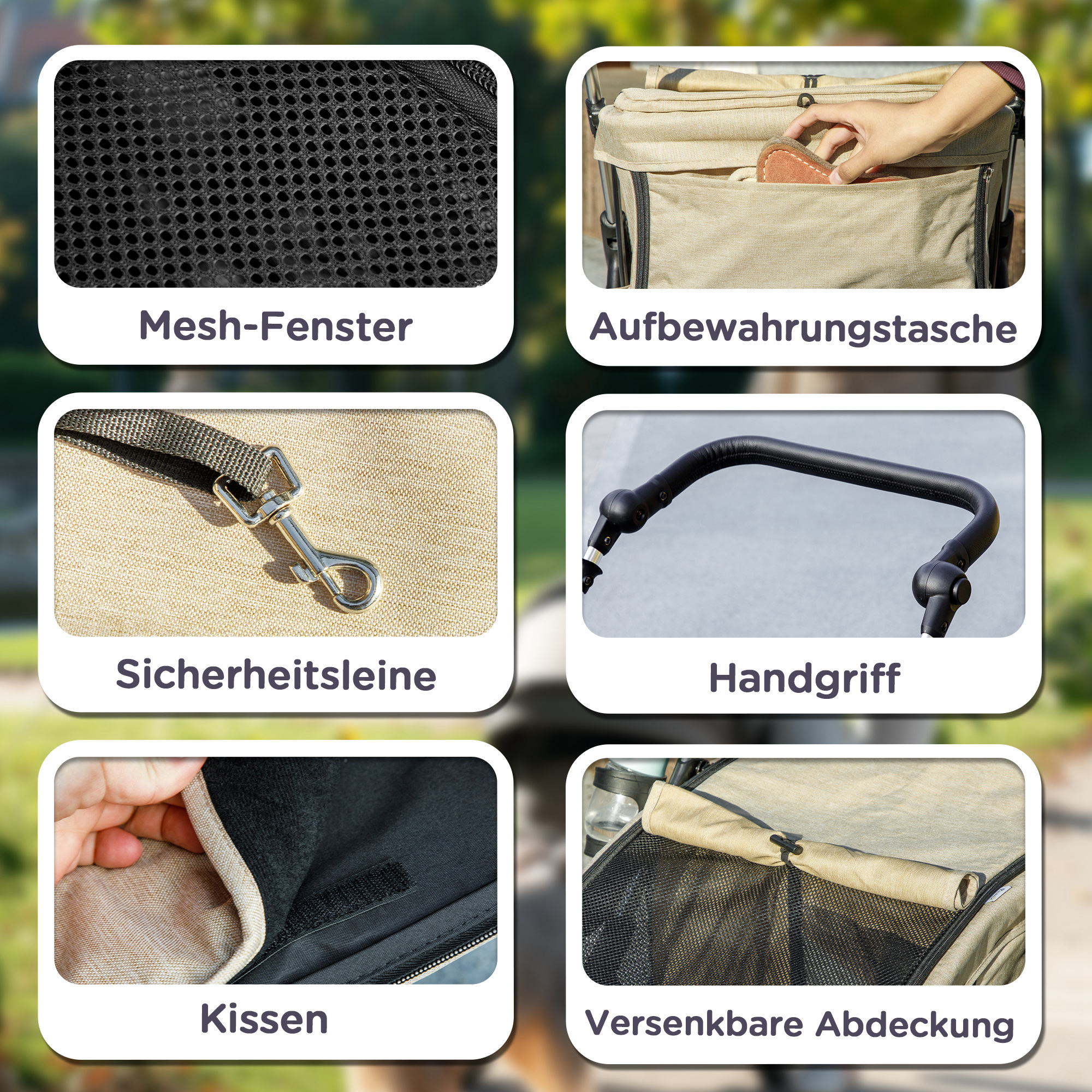 Hundewagen, Leichter und faltbarer Transportwagen für kleine Hunde, waschbares Kissen, Netzfenster, Khaki