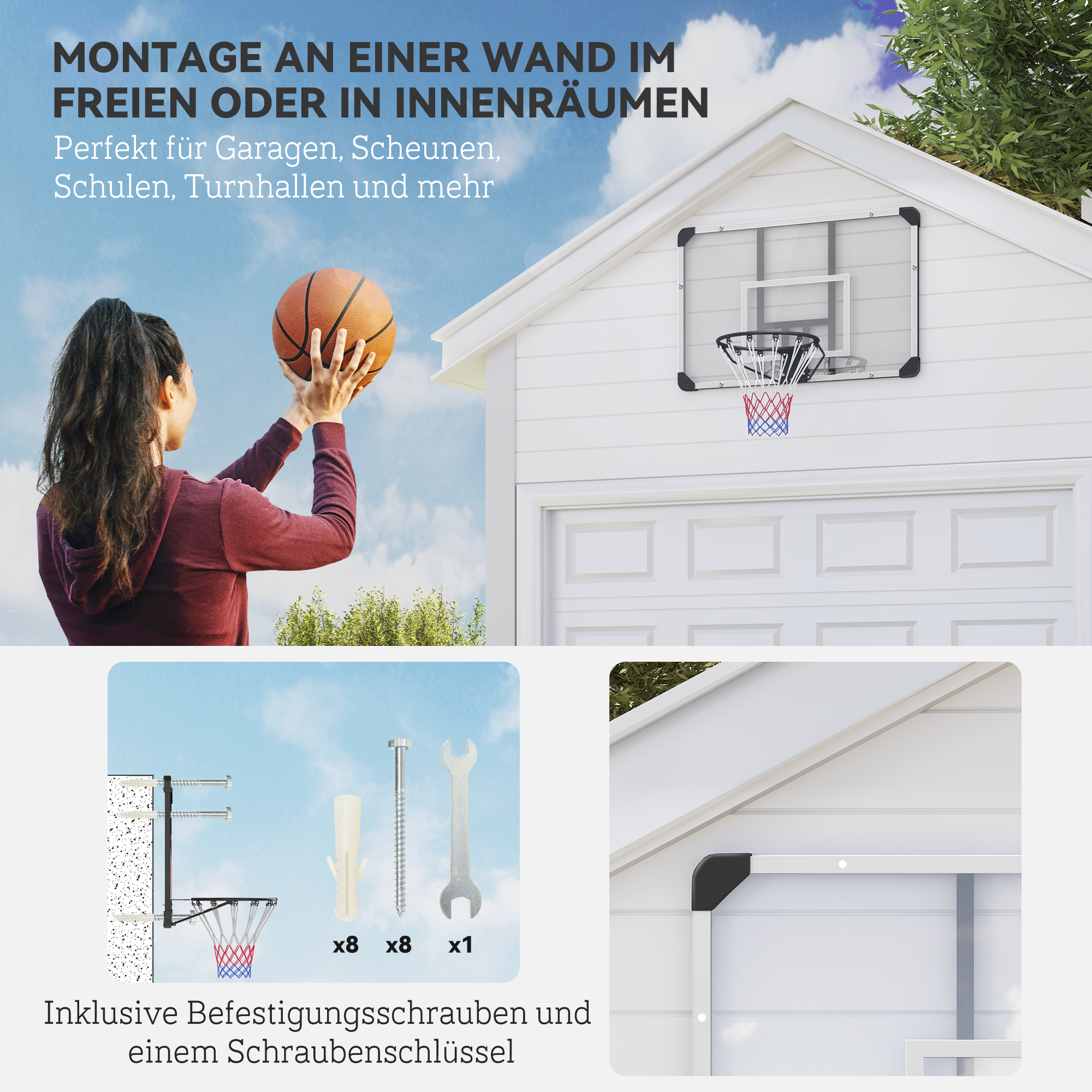 Basketballkorb, bruchsichere Rückwand, Indoor & Outdoor, Stahlrahmen, Schwarz