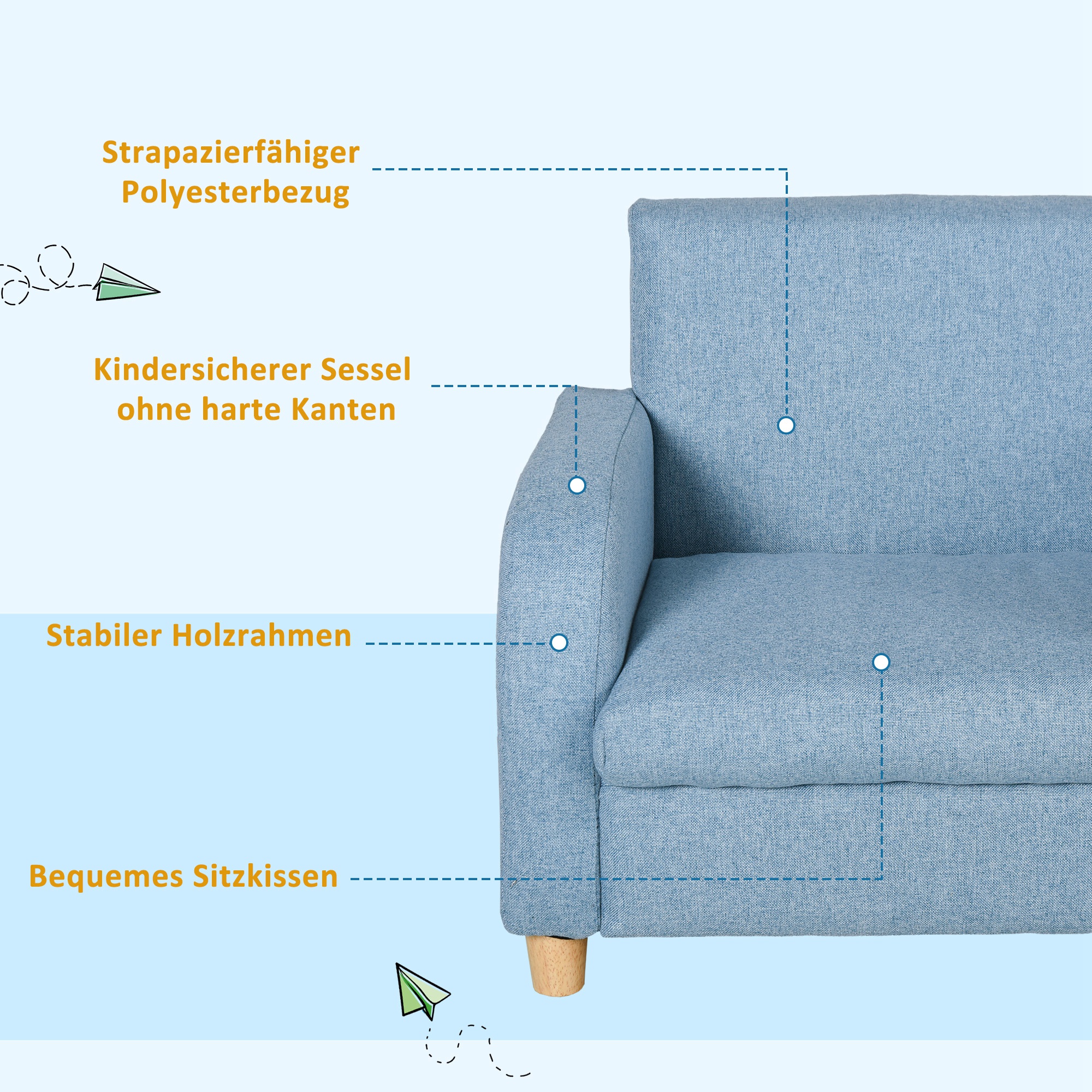 Kindersessel Kindersofa mit dickem Schaumstoff und dicken Sitzkissen Kindercouch Stuhl Liegesofa mit Anti-Rutsch-Füßen für 3-5 Jahre Kinder Holz Leinen Schaumstoff Blau 49x45x44,5 cm