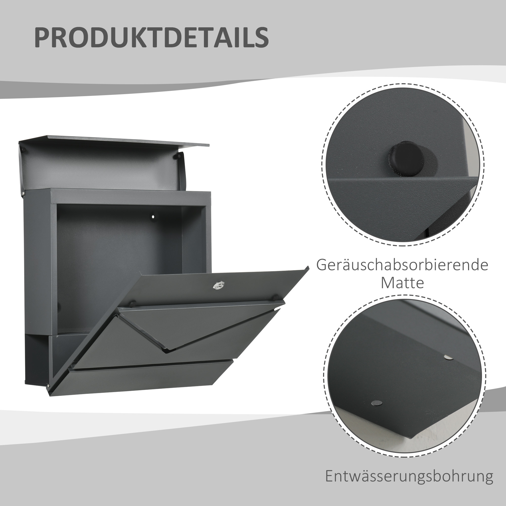 Briefkasten mit Deckel, 2 untere Abflusslöcher, Stahl, mit Schloss, Grau