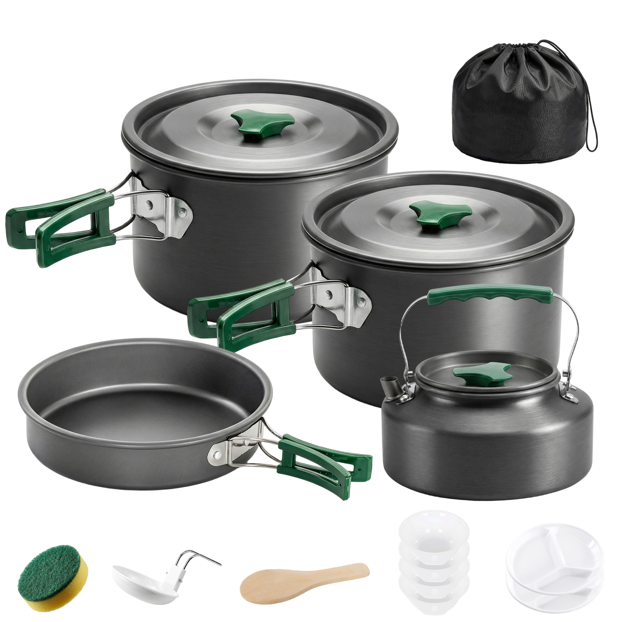 Camping Kochgeschirr Set 5-teiliges Outdoor Geschirr Set mit Anti-Verbrühungsgriffen Topf Pfanne für 4-5 Personen Grau