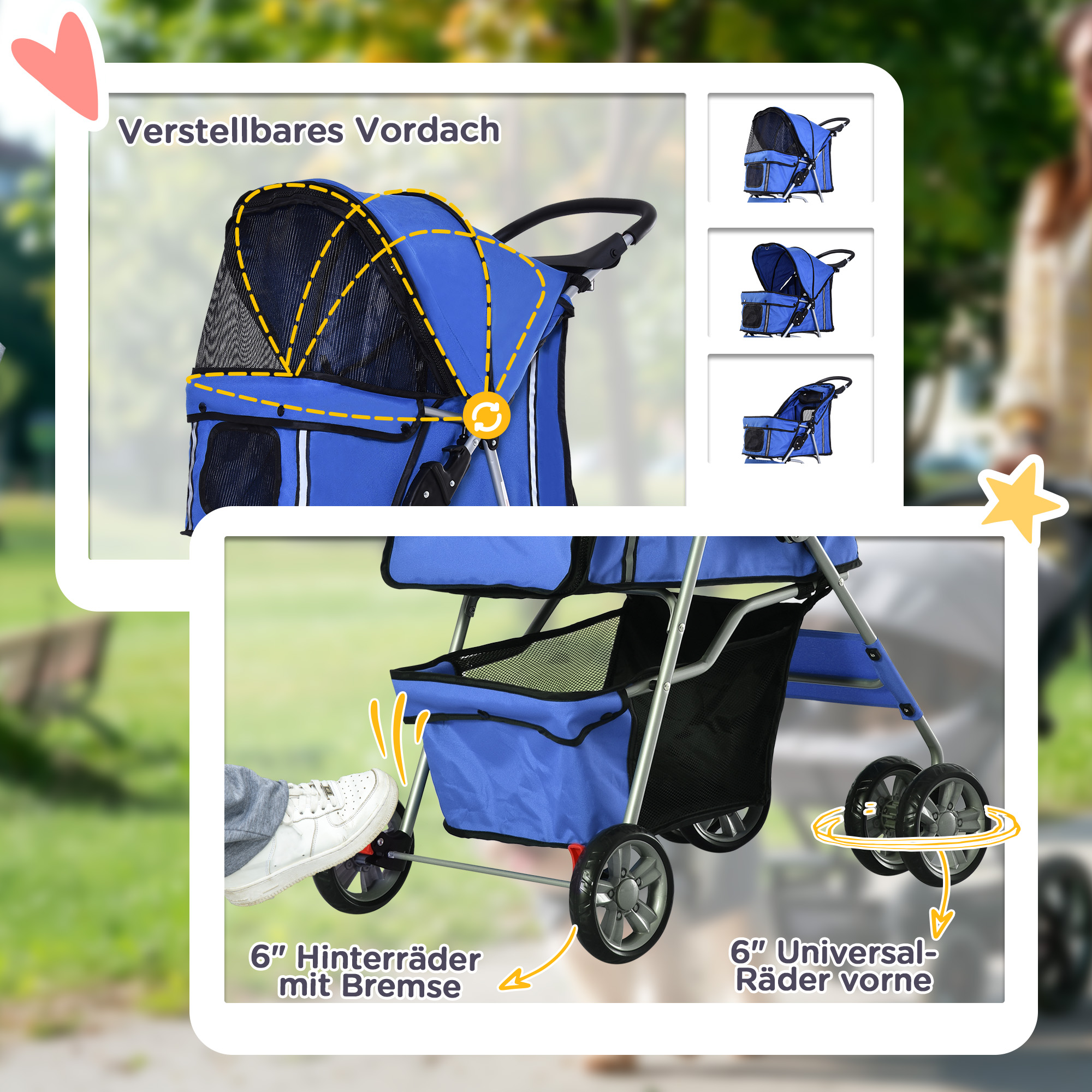 Hundewagen bis 10kg klappbar verstellbares Vordach 2 Becherhalter Bodenkorb Blau