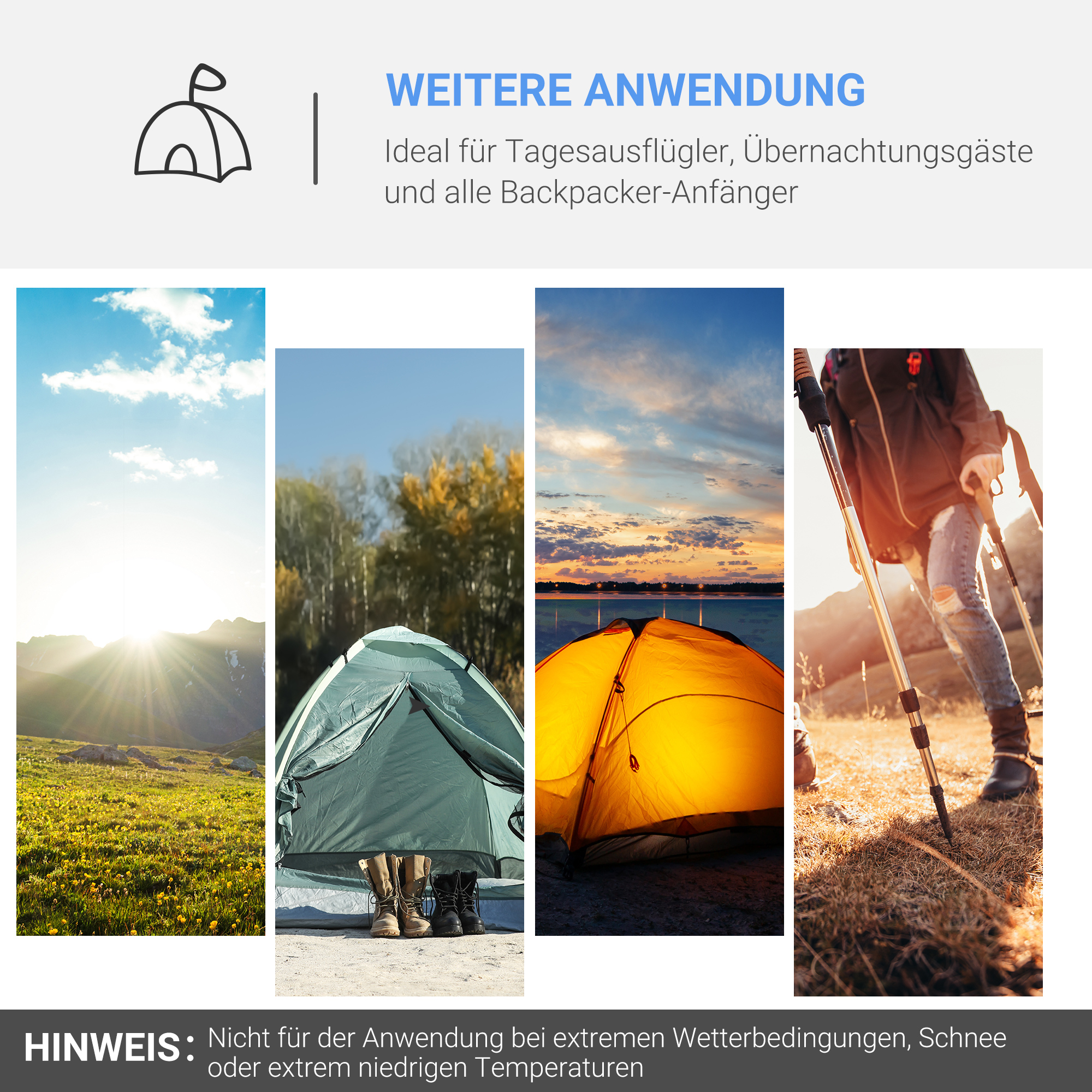 Campingzelt, Wurfzelt für 2-3 Personen, Vorraum & Schlafbereich, wasserdicht, 426 x 206 x 154 cm, Hellblau