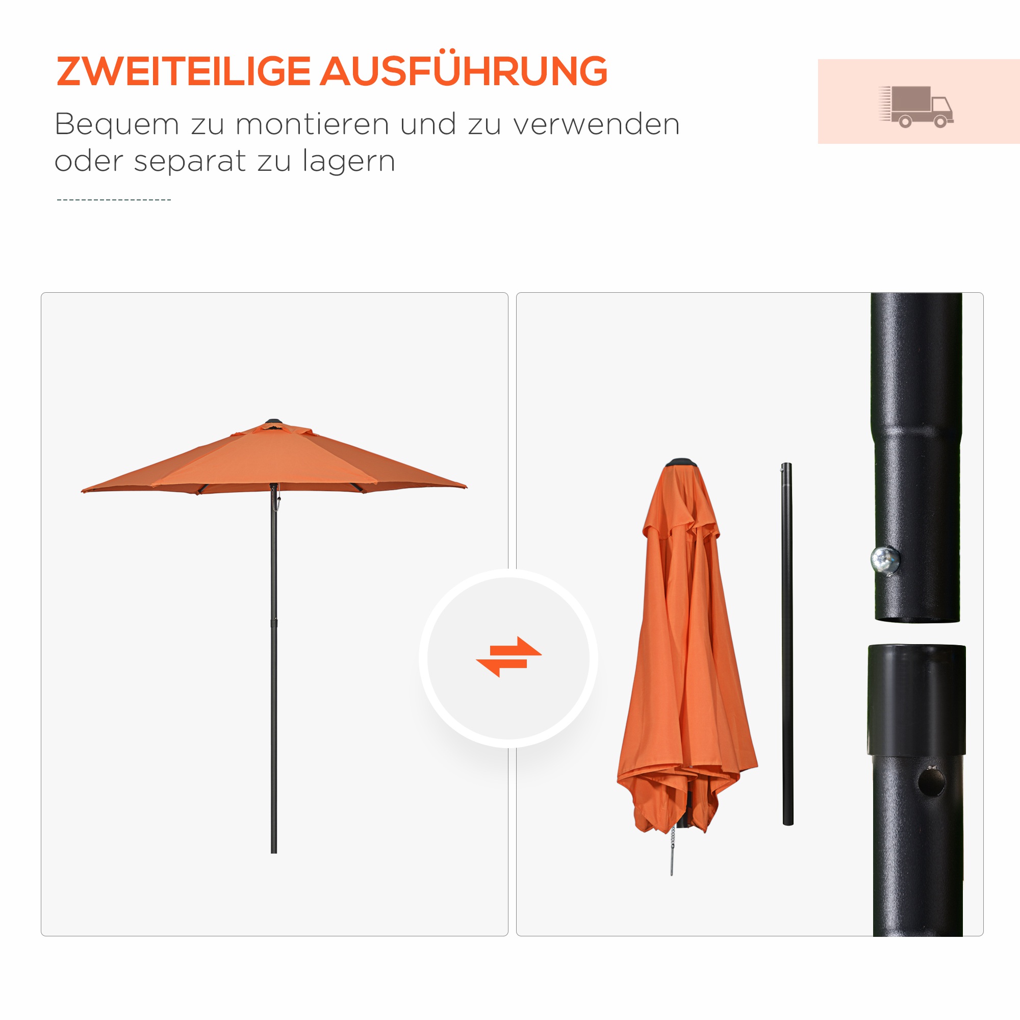 Sonnenschirm Ø196 cm, sechseckig Balkonschirm für Strand Balkon Garten, Orange
