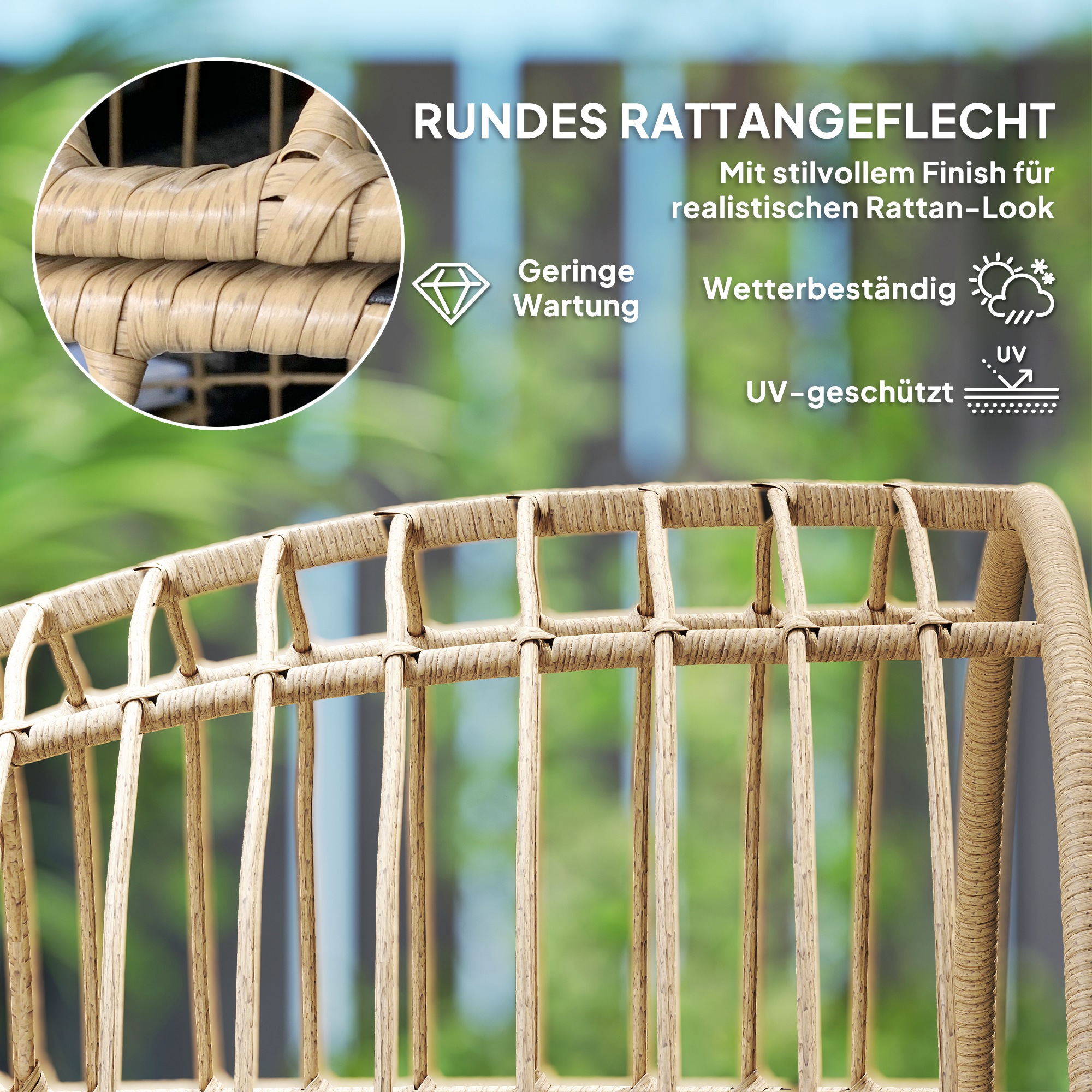 Rattansessel Ei-Förmig mit abnehmbarem Kissen, Polster, Outdoor Sessel aus Rattan 95 x 80 x 155 cm Beige