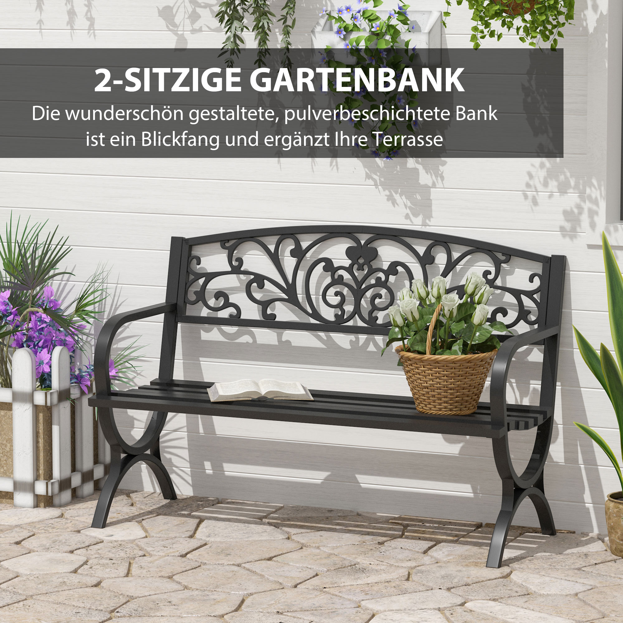 2-Sitzer Gartenbank Sitzbank 240kg belastbar Bank Gartenmöbel für den Innen- und Außenbereich geeignet 127x60x85 cm Schwarz