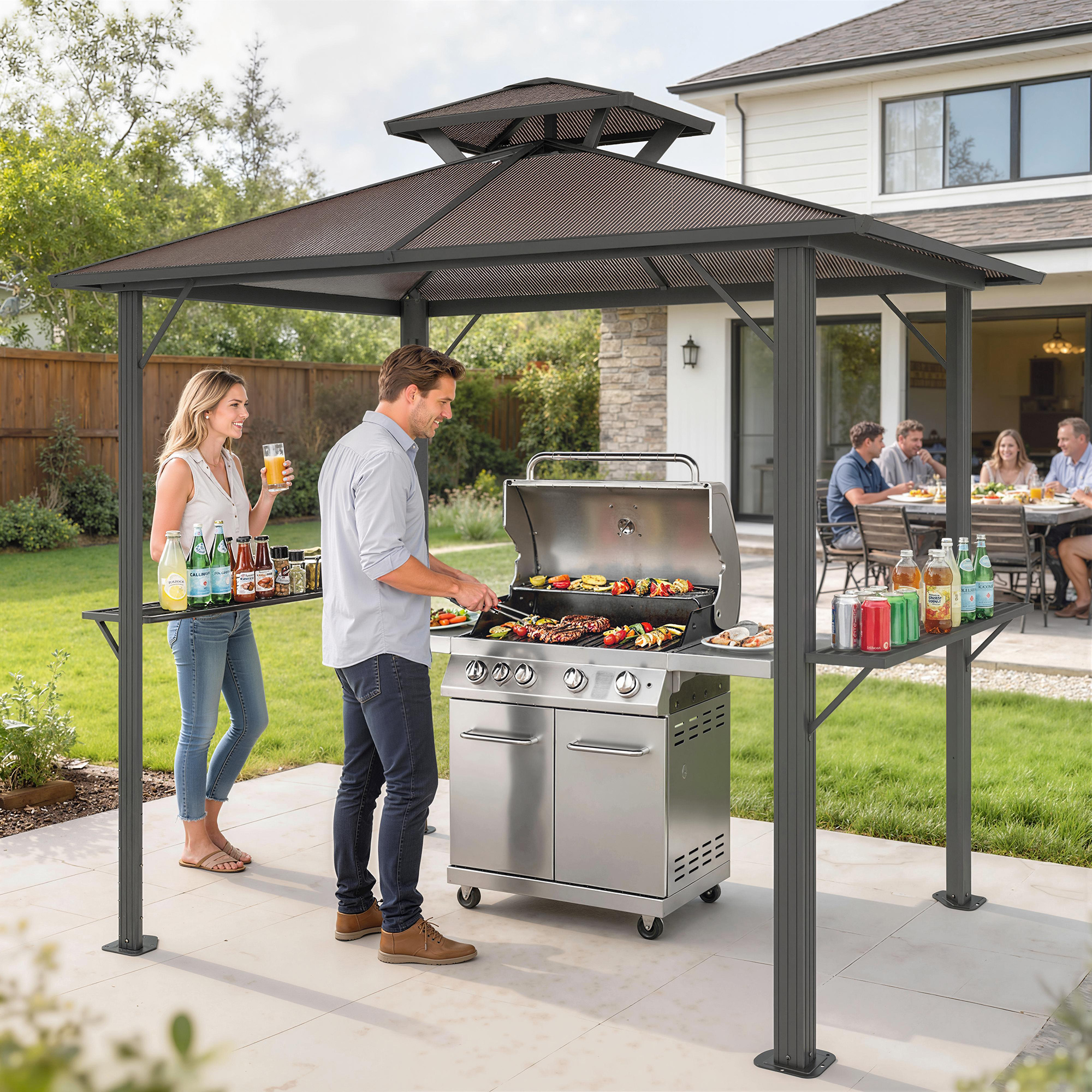 Grillpavillon 2,5 x 1,5 m, Wasserdicht Grillüberdachung mit Doppeldach aus Polycarbonat Seitenablage Braun