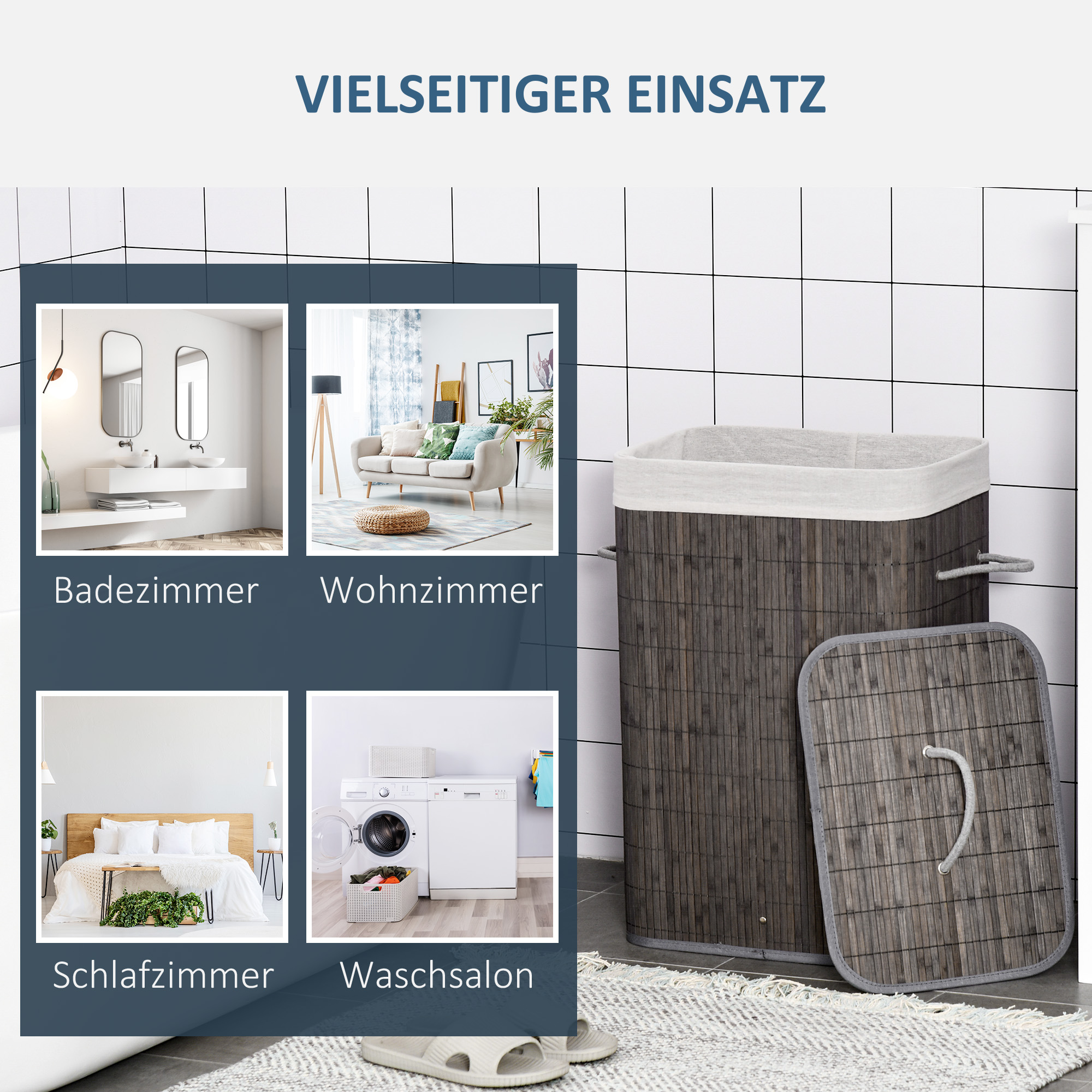 Wäschekorb mit Griffen und waschbarem Wäschesack, Rattan, Polyester, Baumwolle, Metall, 43L x 32B x 61H cm, Grau