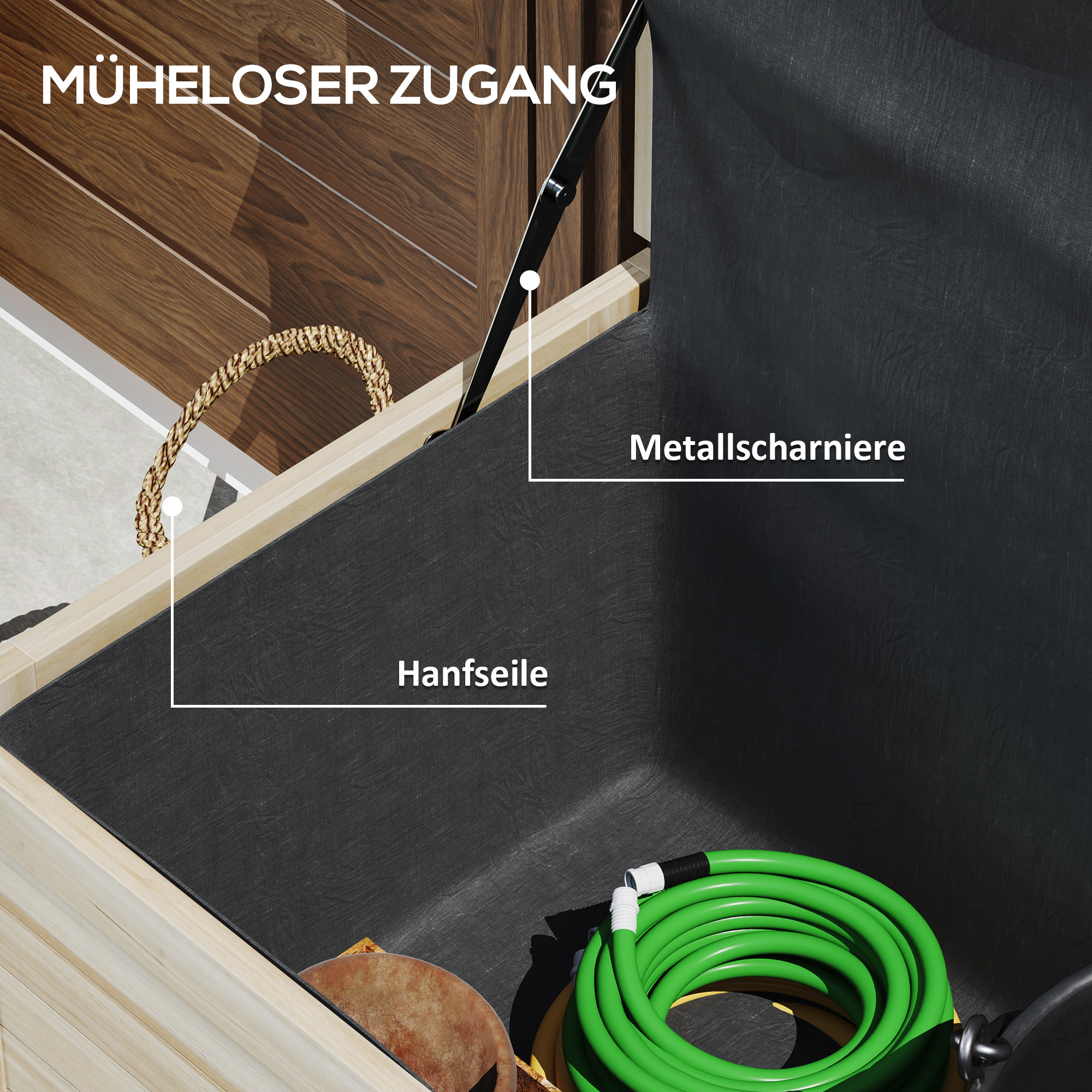 185 L Außenlagerbox, Lagerkiste mit Rädern, wetterbeständig, Tannenholz, 110 x 50 x 50 cm, Hellbraun