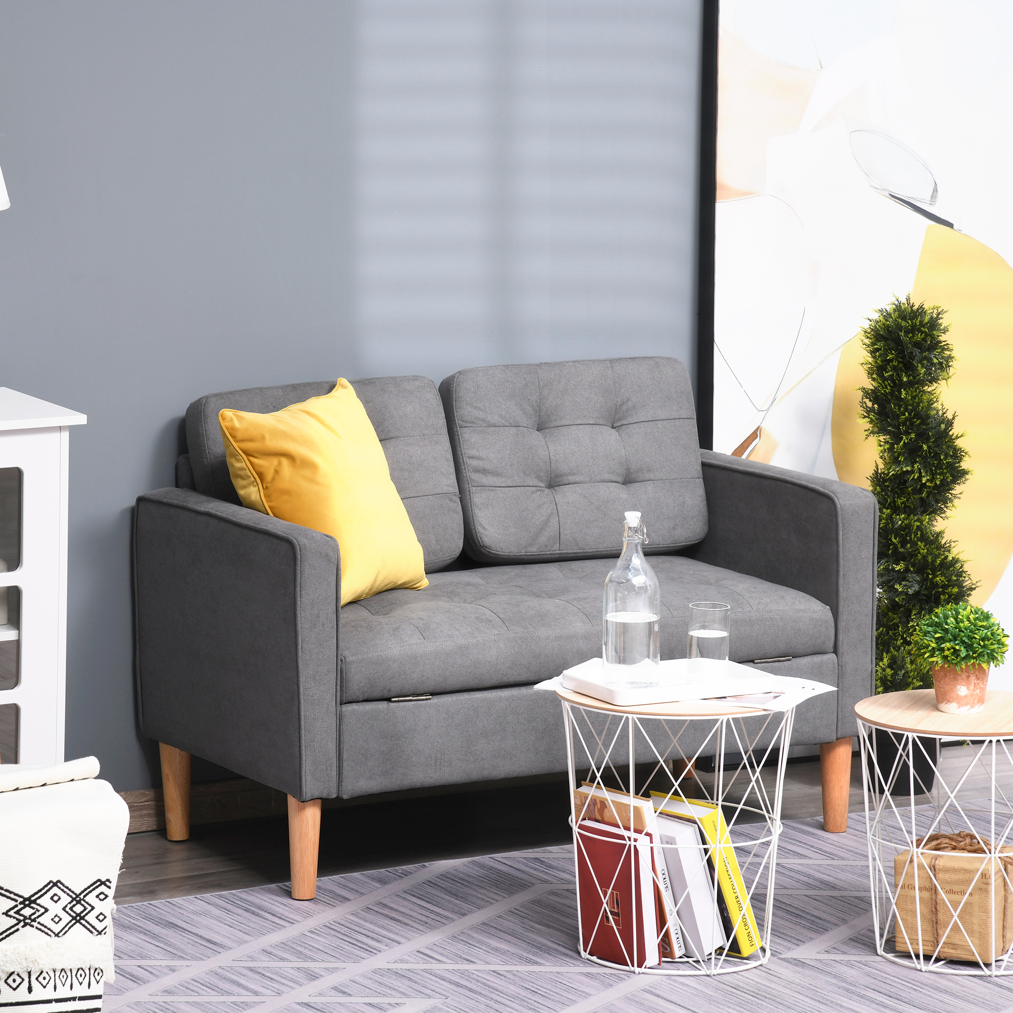 2 Sitzer Sofa, Couch mit Stauraum, Holzbeine, Gepolsterter Polstersofa mit Samtoptik für Wohnzimmer, Schlafzimmer, 117x 62 x 78 cm, Grau