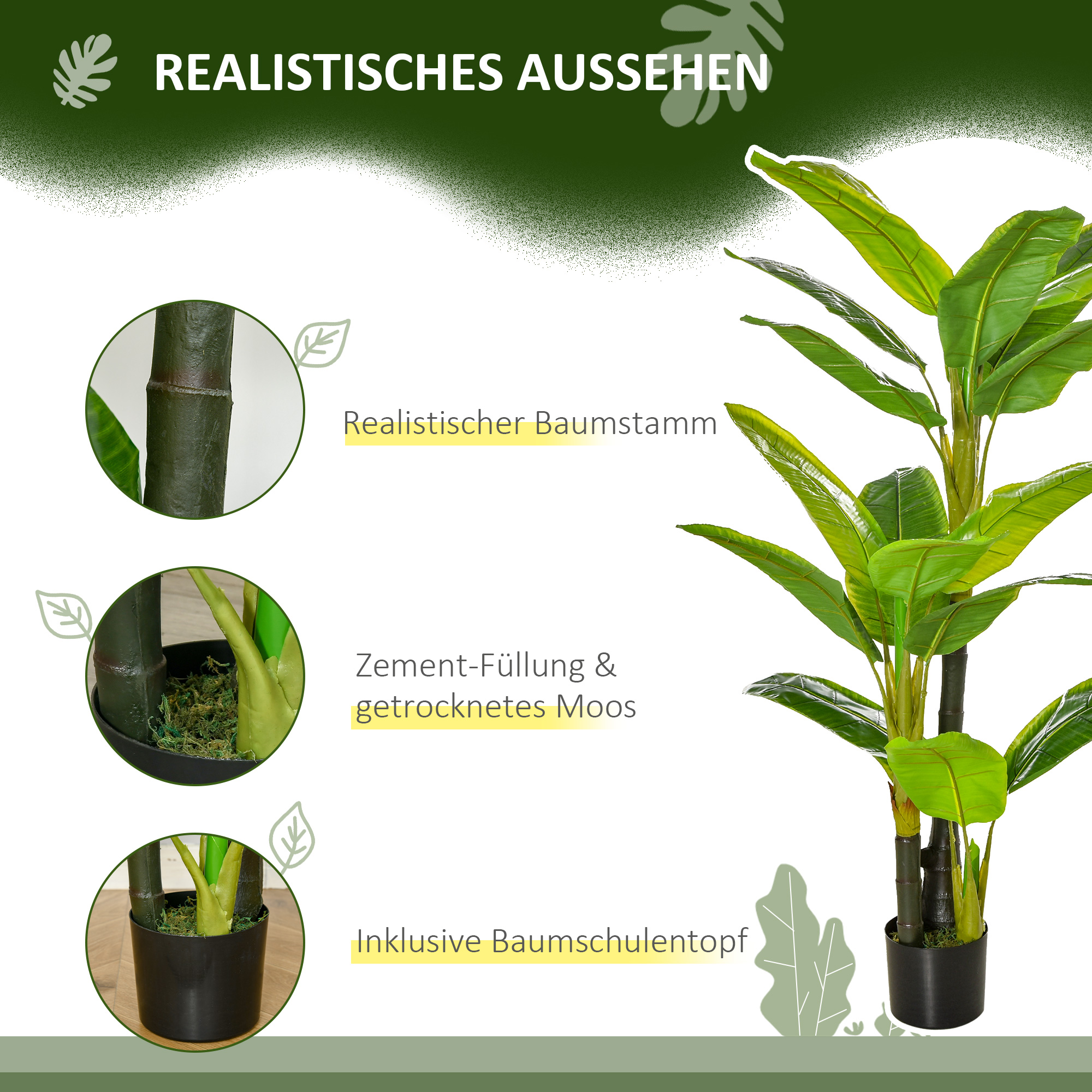 künstliche Pflanzen 150 cm Kunstpflanzen im Topf künstlicher Bananen Baum Kunstpflanze Kunstbaum Zimmerpflanze Dekopflanze Büropflanze Kunststofftopf für drinnen