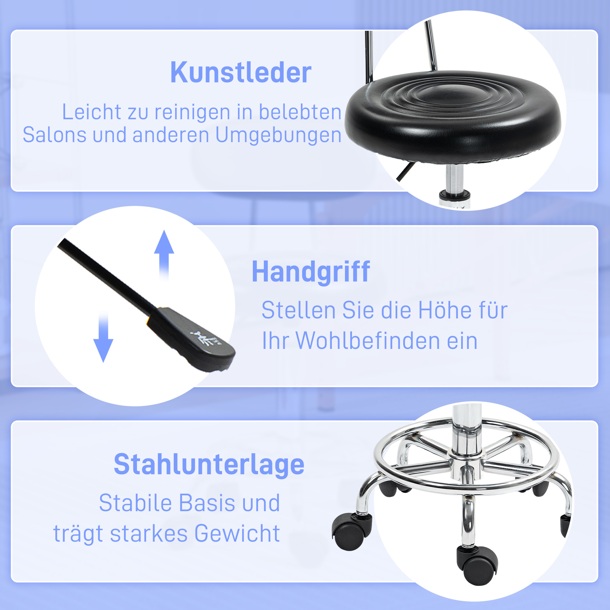 Rollhocker, Drehbarer und verstellbarer Hocker mit Rückenlehne, Kunstlederbezug, Fußstütze, für Frisiertische, Schwarz
