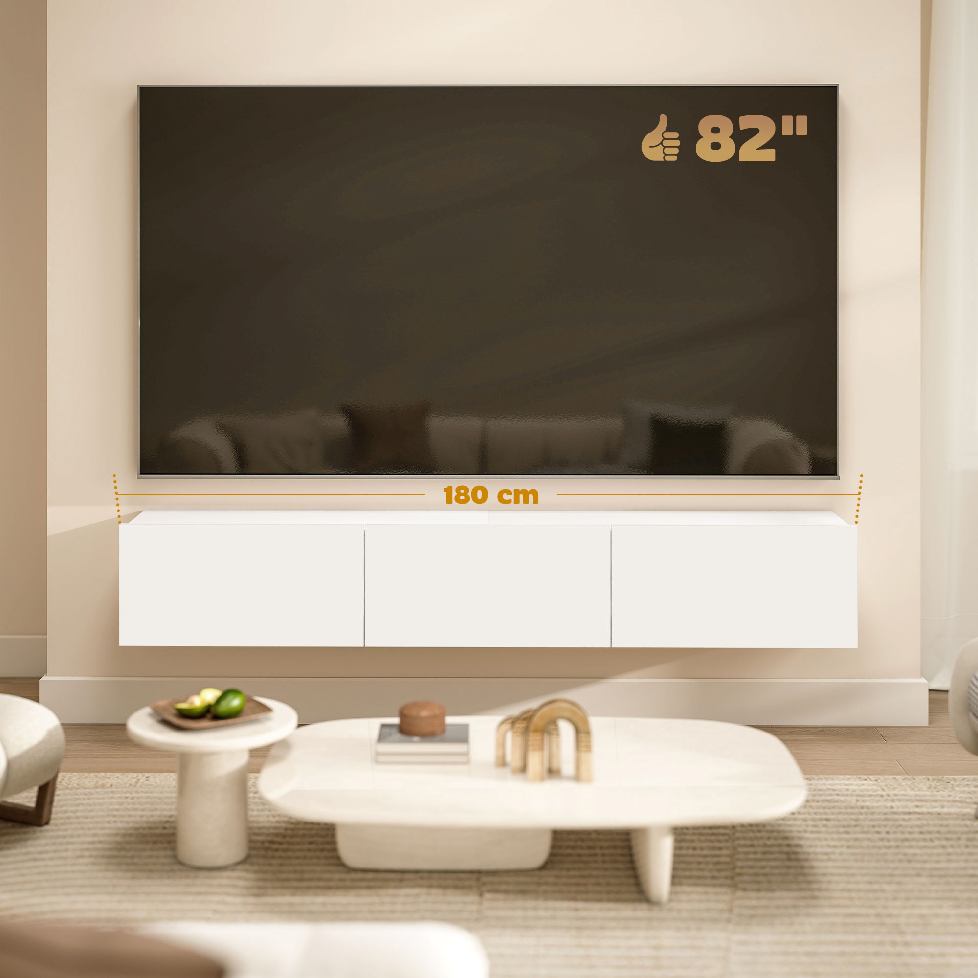 Schwebender TV-Schrank, Wandmontage, 3 Schubladen, viel Stauraum, 180 cm, Weiß