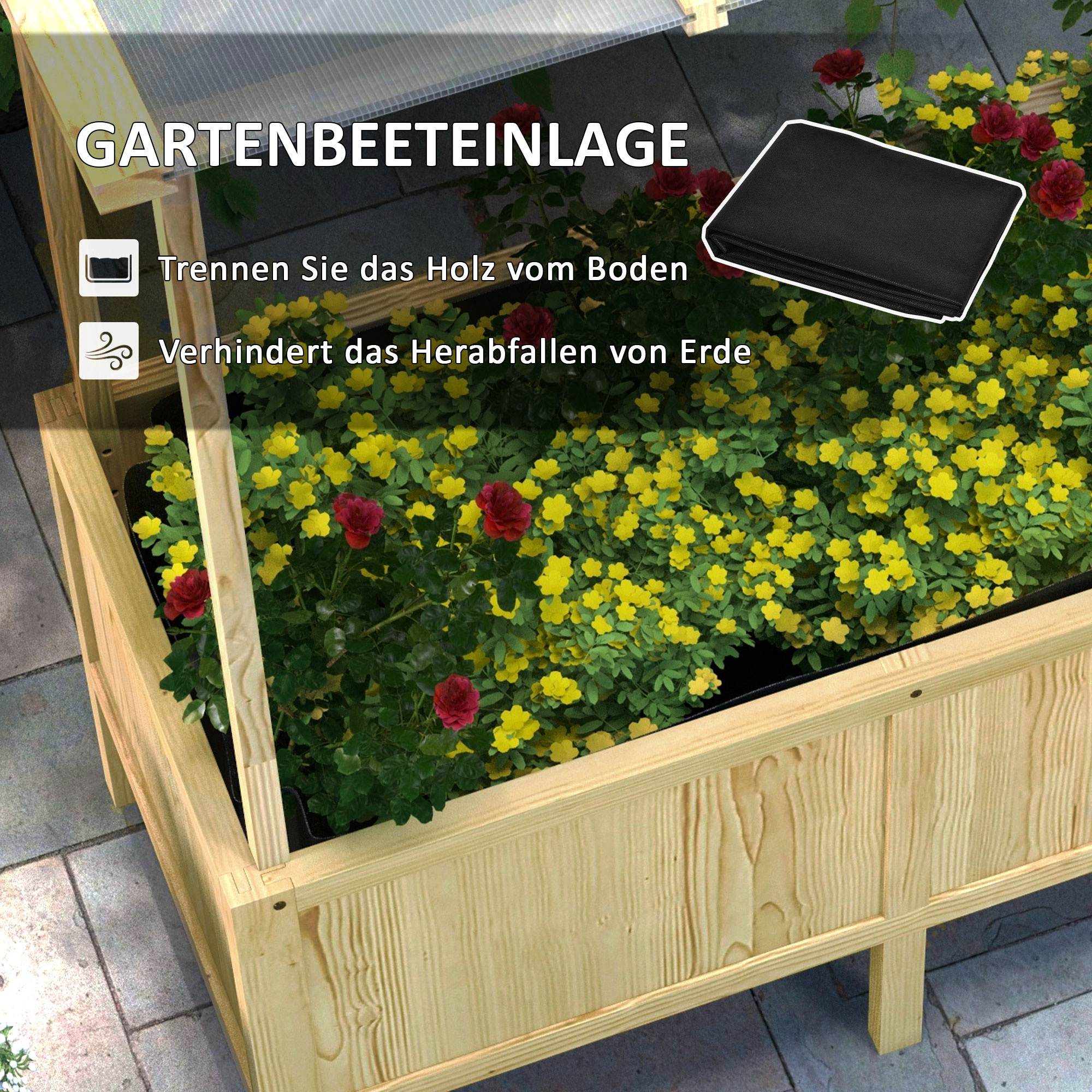 Hochbeet mit Dach, Drainagelöcher, Vliesauskleidung, wetterfest, Tannenholz, 110x60x152 cm