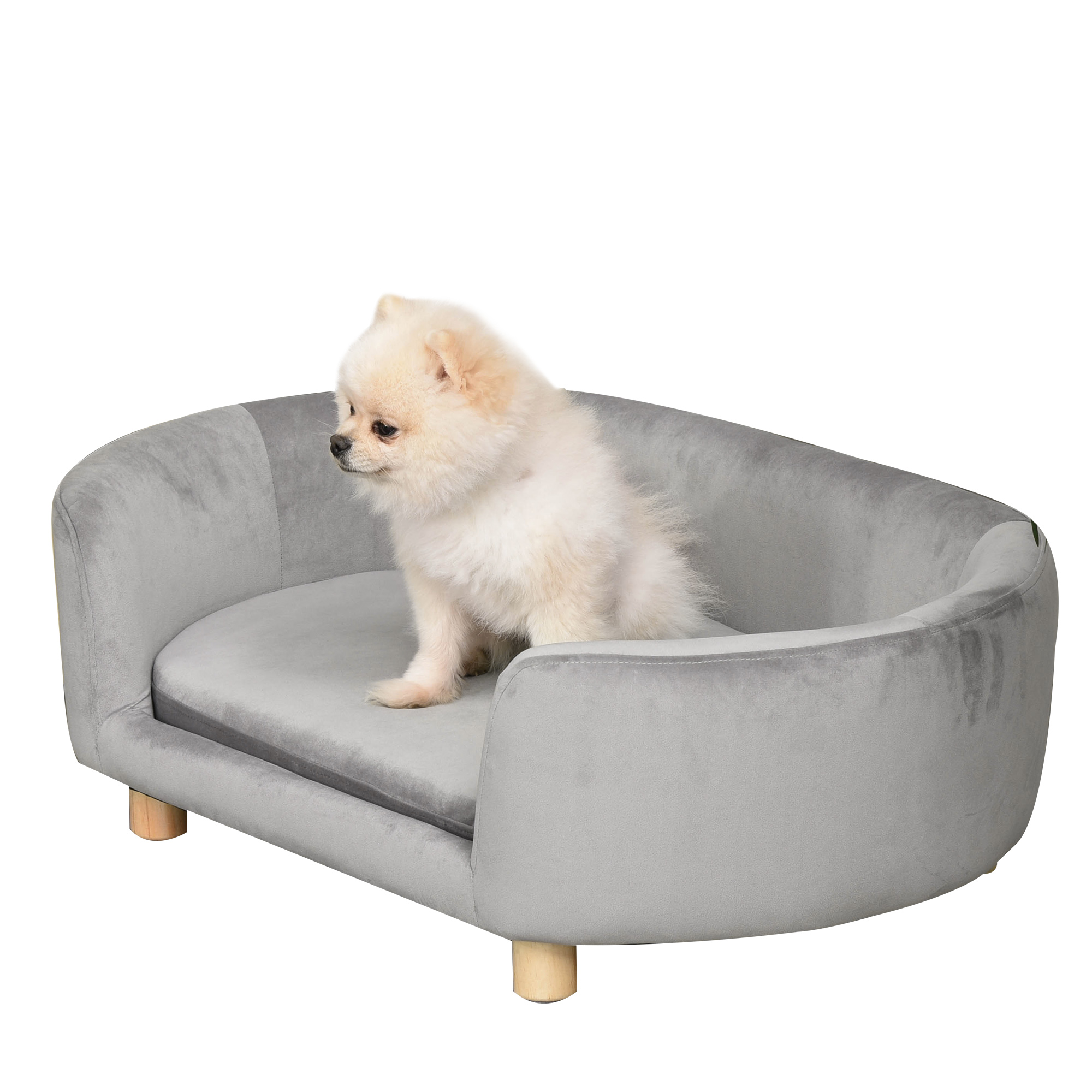 Haustiersofa Hundesofa Hundebett mit Holländischer Samt Schaumstoff Birke Bein für Katzen Hunde  86 x 55 x 33 cm Hellgrau