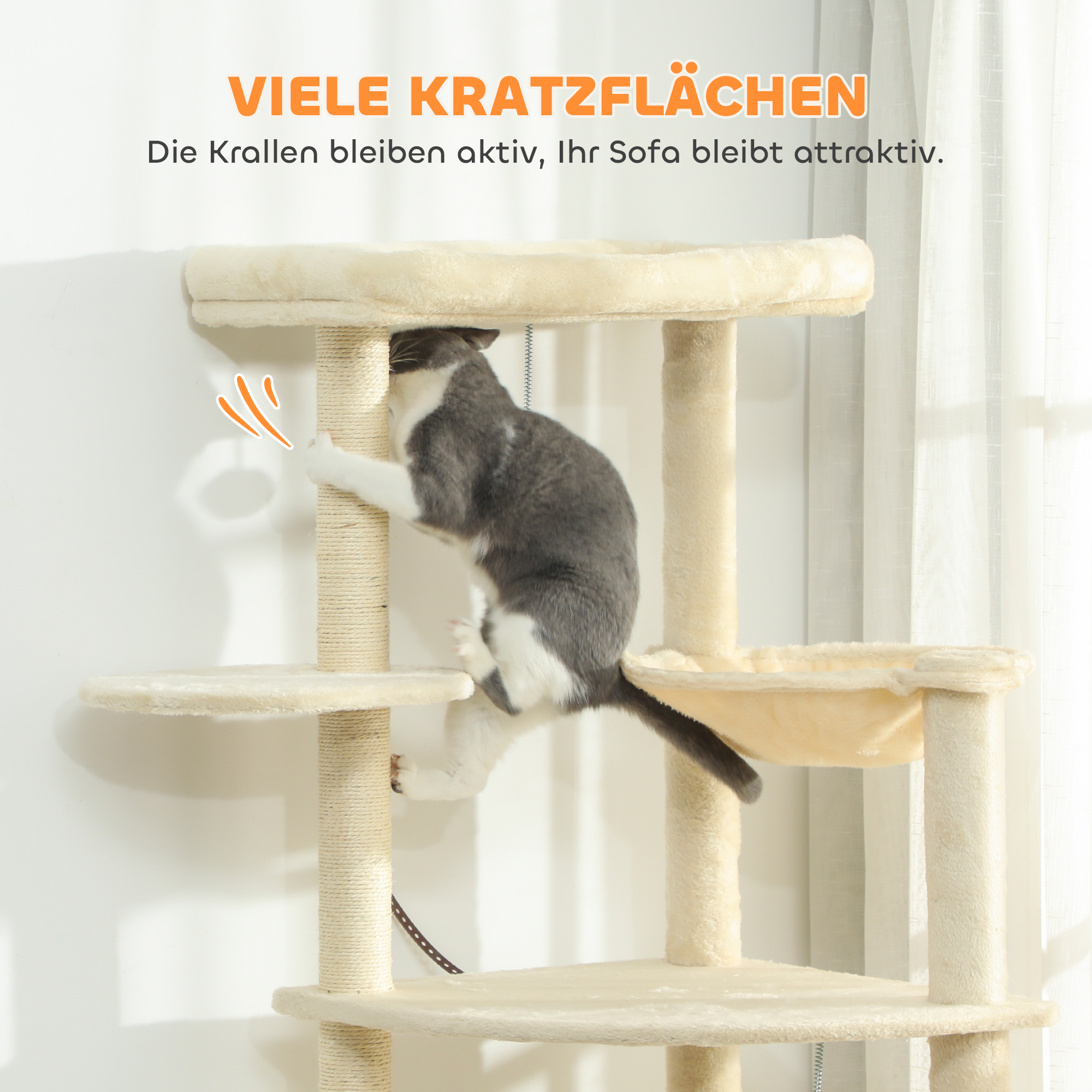 2 Meter hoher Kratzbaum Große für 2-3 Katzen, Kratzpfosten, Höhlen, Hängematte, Verstecke, mehrstöckiges Design, Sisal, Holz, Plüsch, Beige