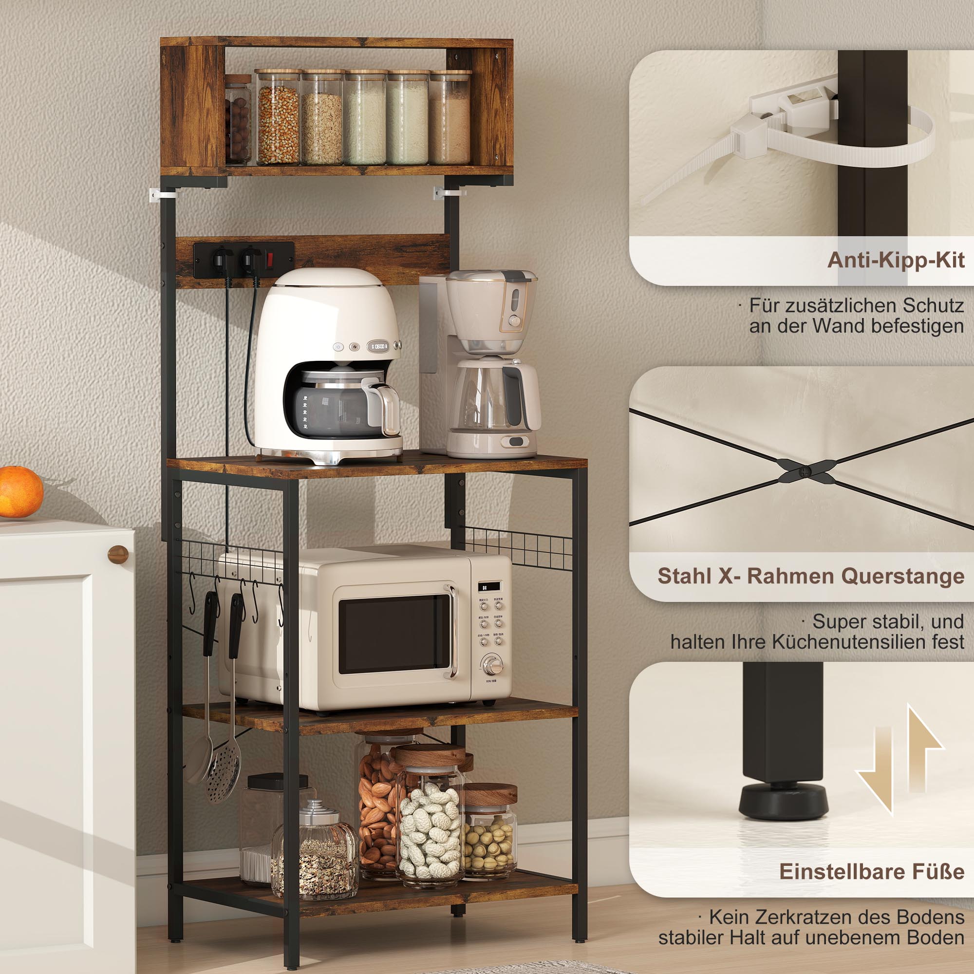 Küchenregal, Standregal mit 5 S-Haken, 5 Ablagen, Steckdose, aus Stahl, Rustikal-Braun, 60 x 42 x 153 cm