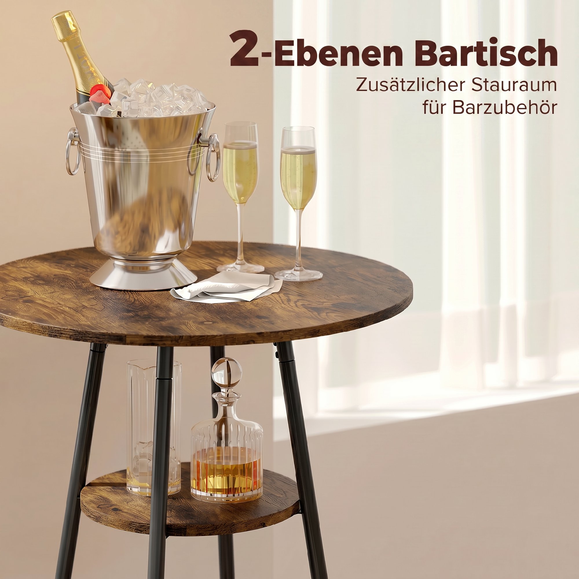 Industrie-Bartisch-Set mit 2 gepolsterten Hockern, Fußstützen, Metallrahmen, Küchentisch mit Ablage, Rustikal Braun