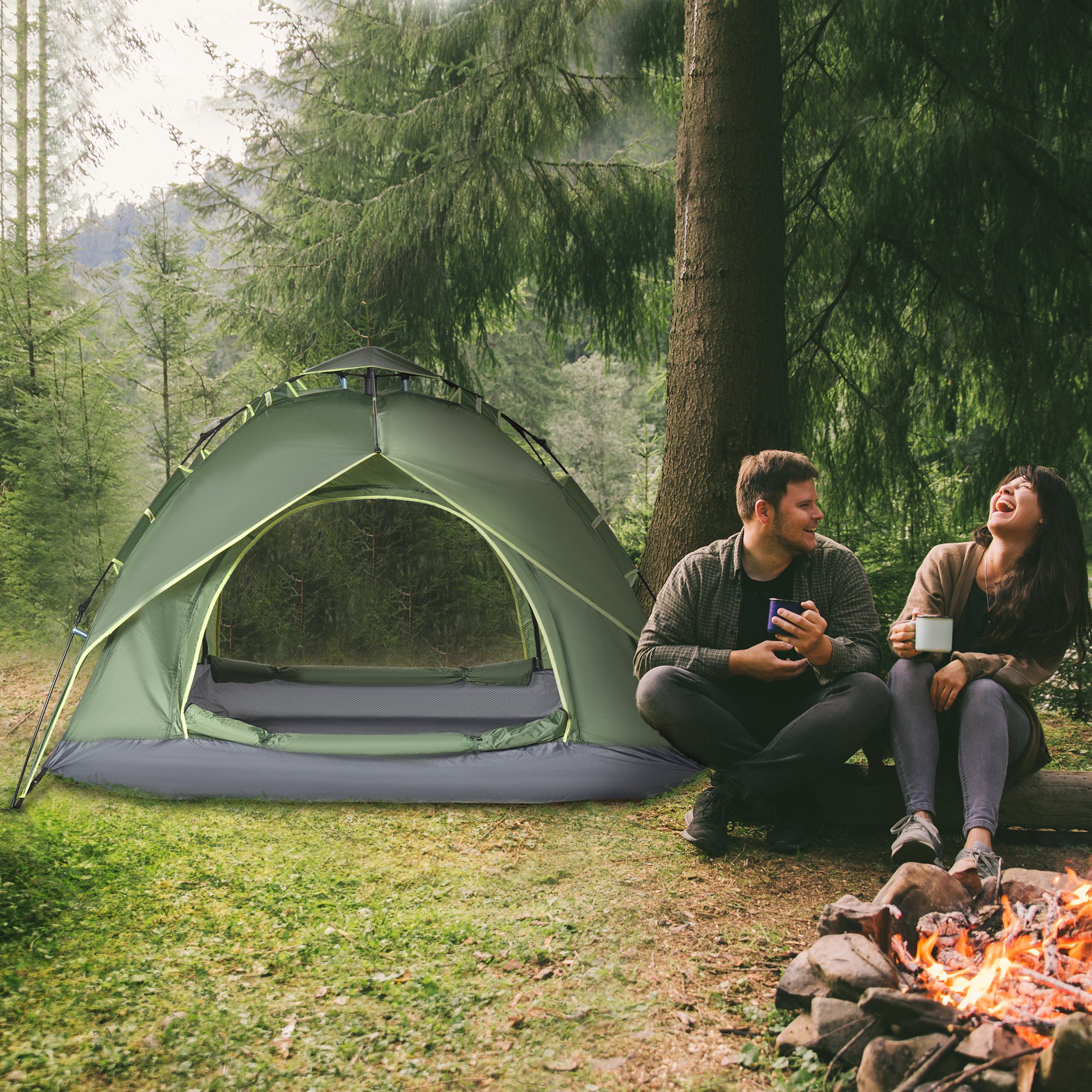 Doppelzelt Campingzelt Outdoorzelt Familienzelt Quick-Up-Zelt 2 Erwachsene + 1 Kind 4 Jahreszeiten wasserdicht Tragetasche 2 Türen Polyester + Glasfaser Dunkelgrün 210 x 210 x 140 cm