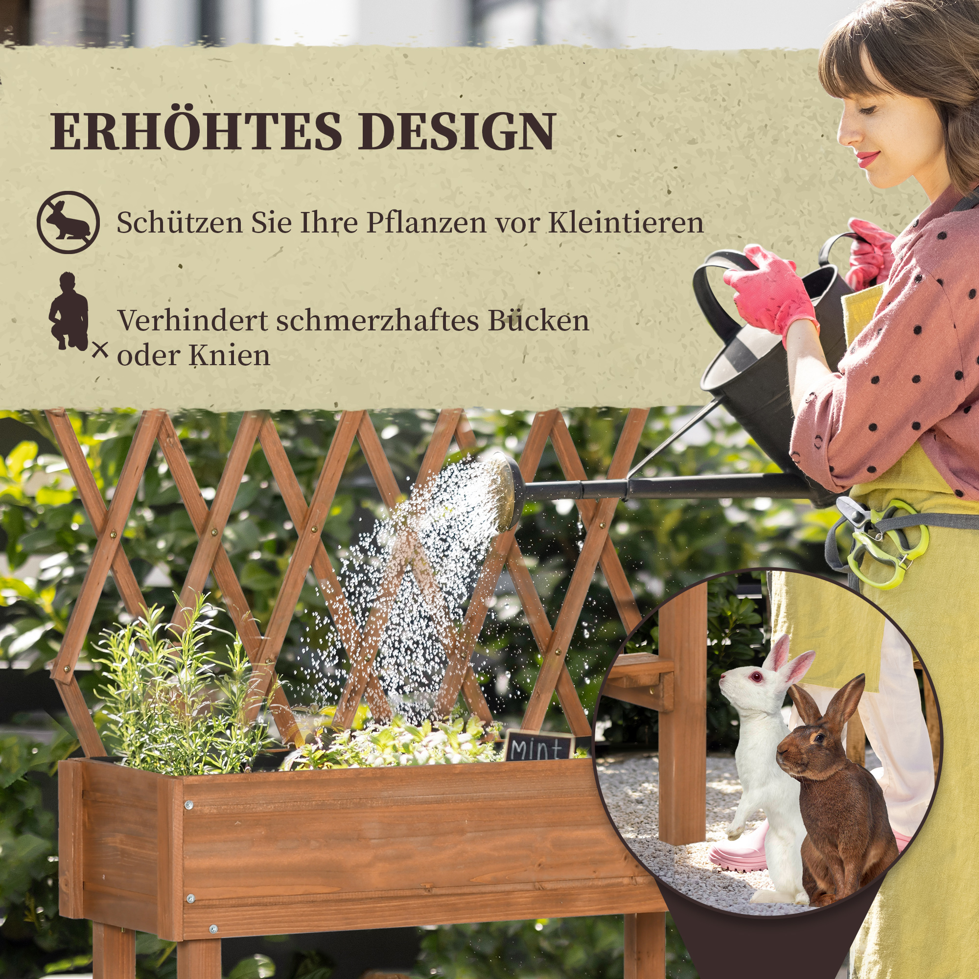 Hochbeet, integriertes Spalier, Ablageregal, Räder, Massivholz, braun, 79 x 29 x 130 cm