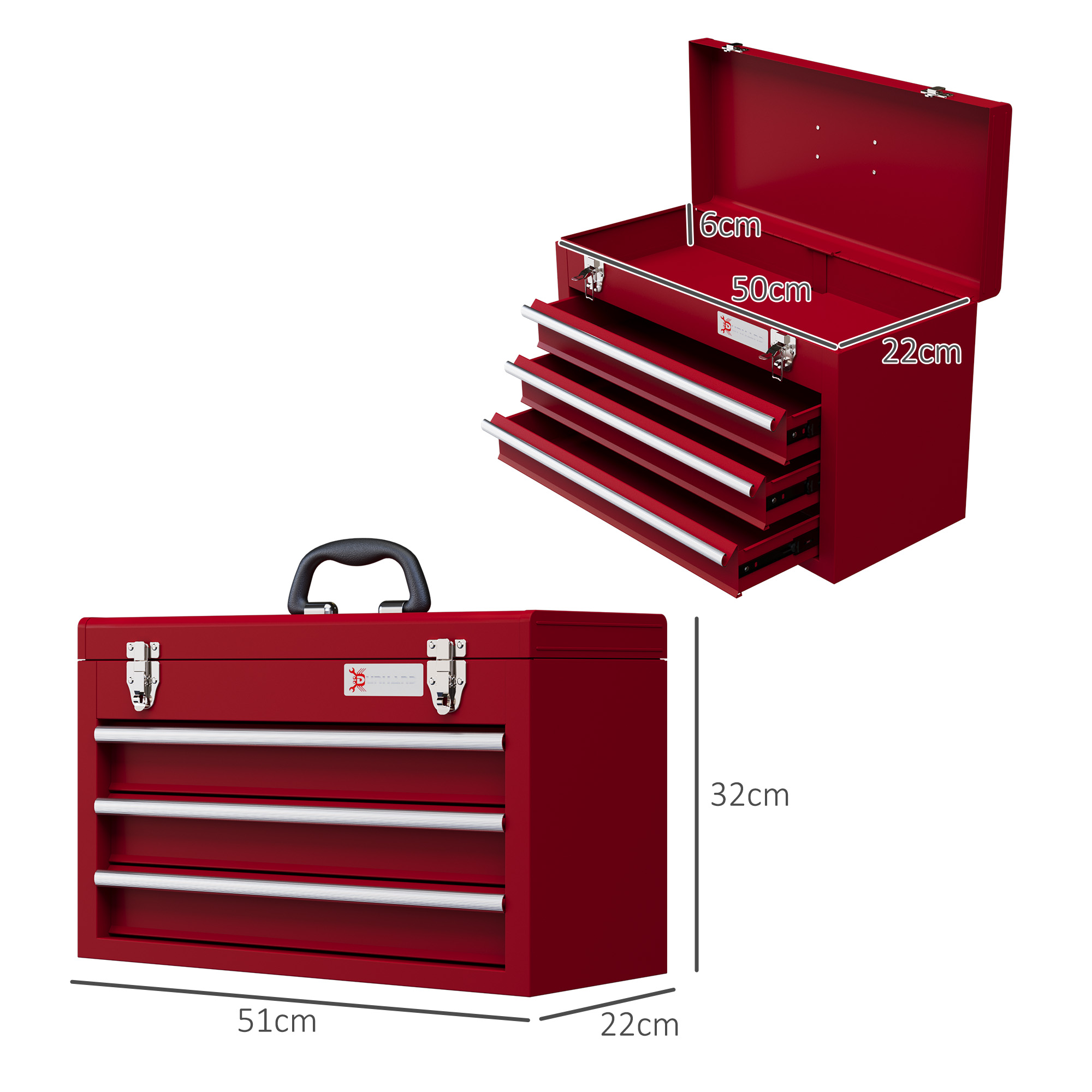 Werkzeugkiste mit 3 Schubladen, oberes Staufach, Stahlverschlüsse, Tragegriff, 51x22x32 cm, Rot