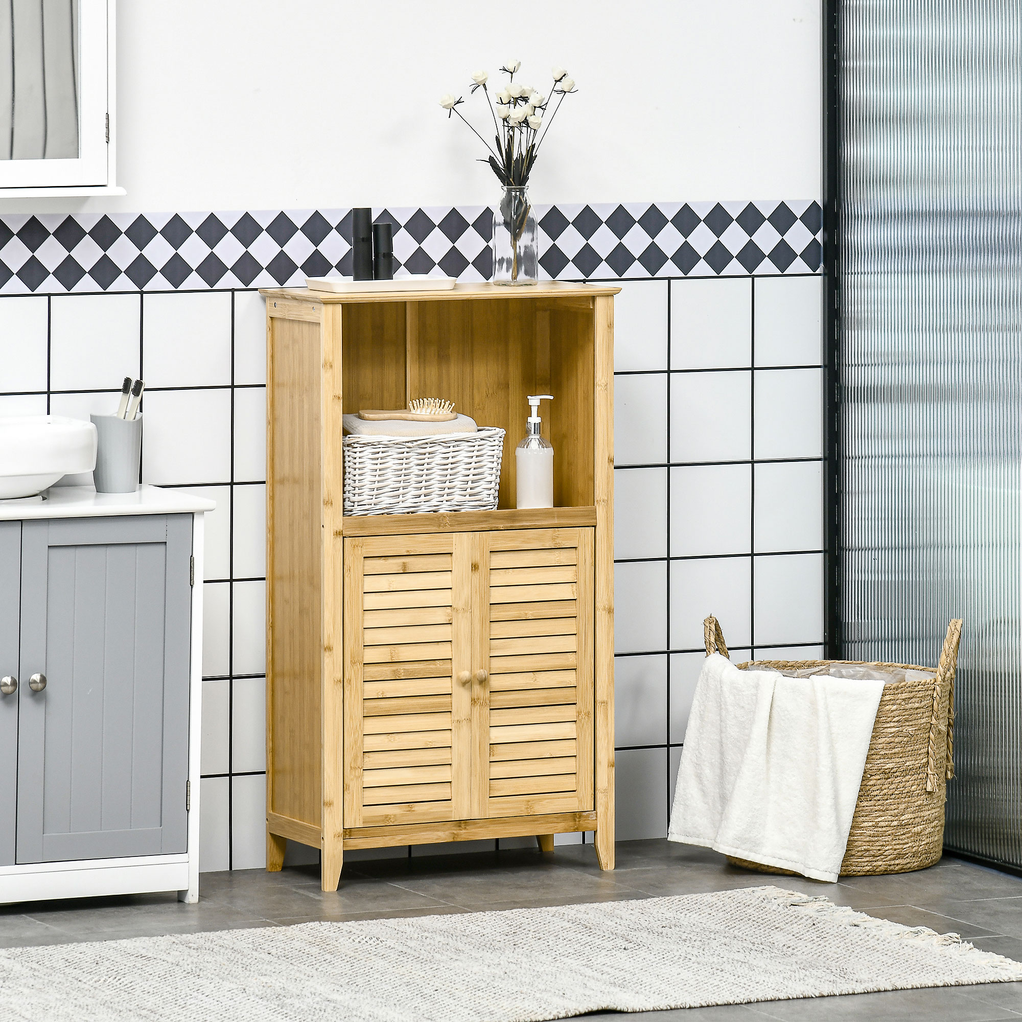 Badezimmerschrank Badschrank Standregal mit 2 Lamellentüren, offenem Regal, Bambus, Aufbewahrungsschrank Schrank für Badezimmer, Wohnzimmer 50 x 25,5 x 92cm Natur