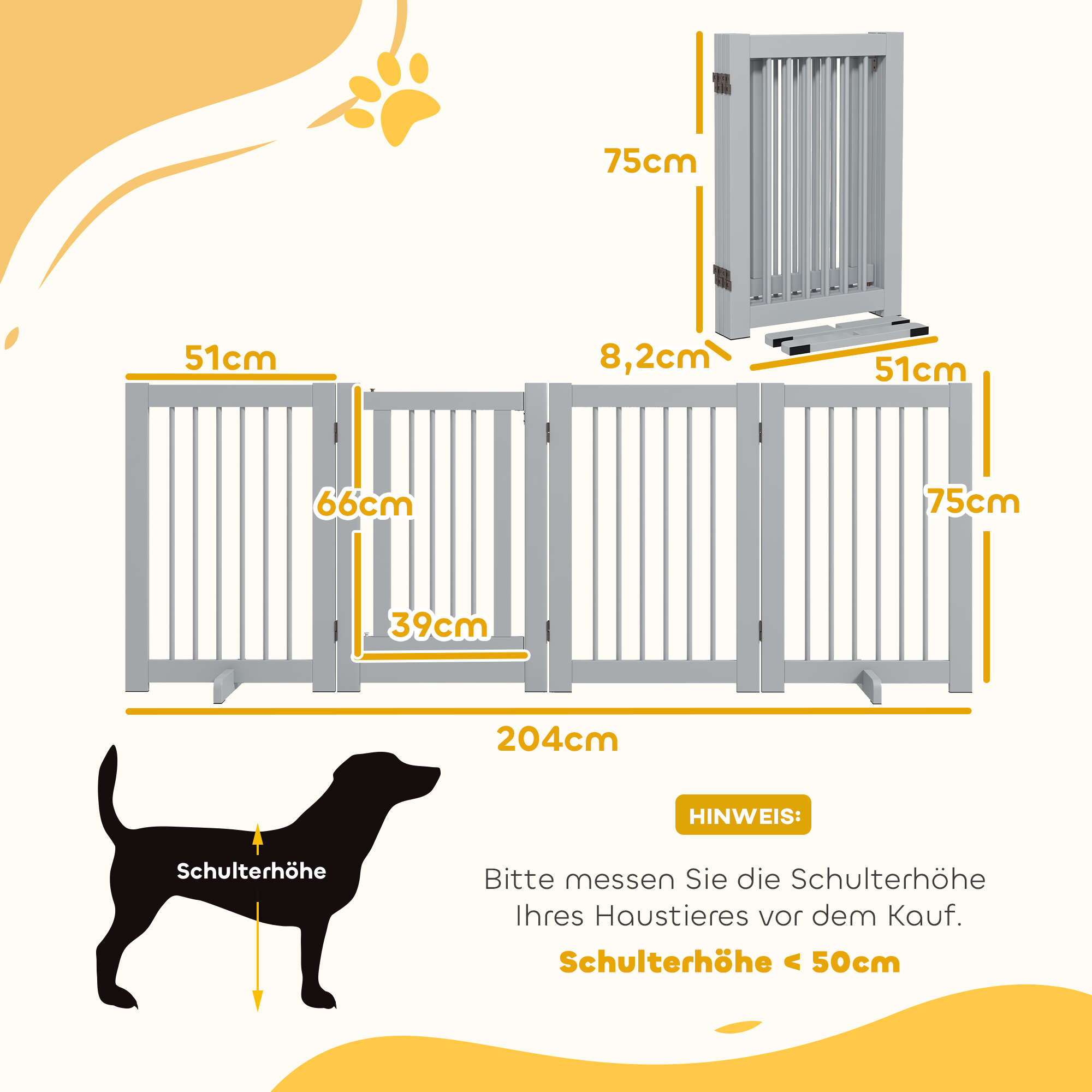 Freistehendes Hundegitter, 4 Paneele, flexibel, Kiefernholz, 204L x 36B x 75H cm, Hellgrau