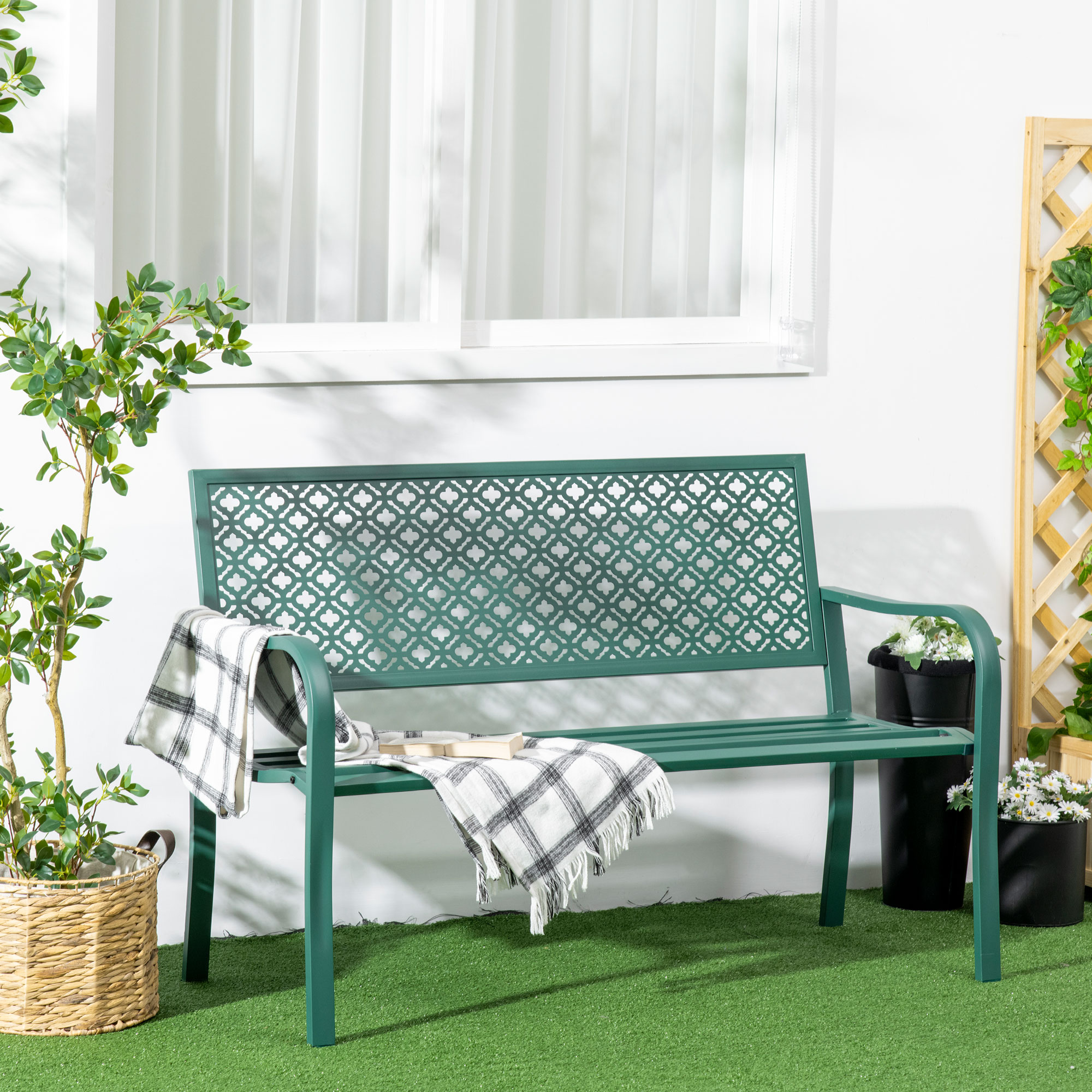 Gartenbank aus Metall, 2-Sitzer, wetterbeständig, 127 cm x 63 cm x 83 cm, Grün