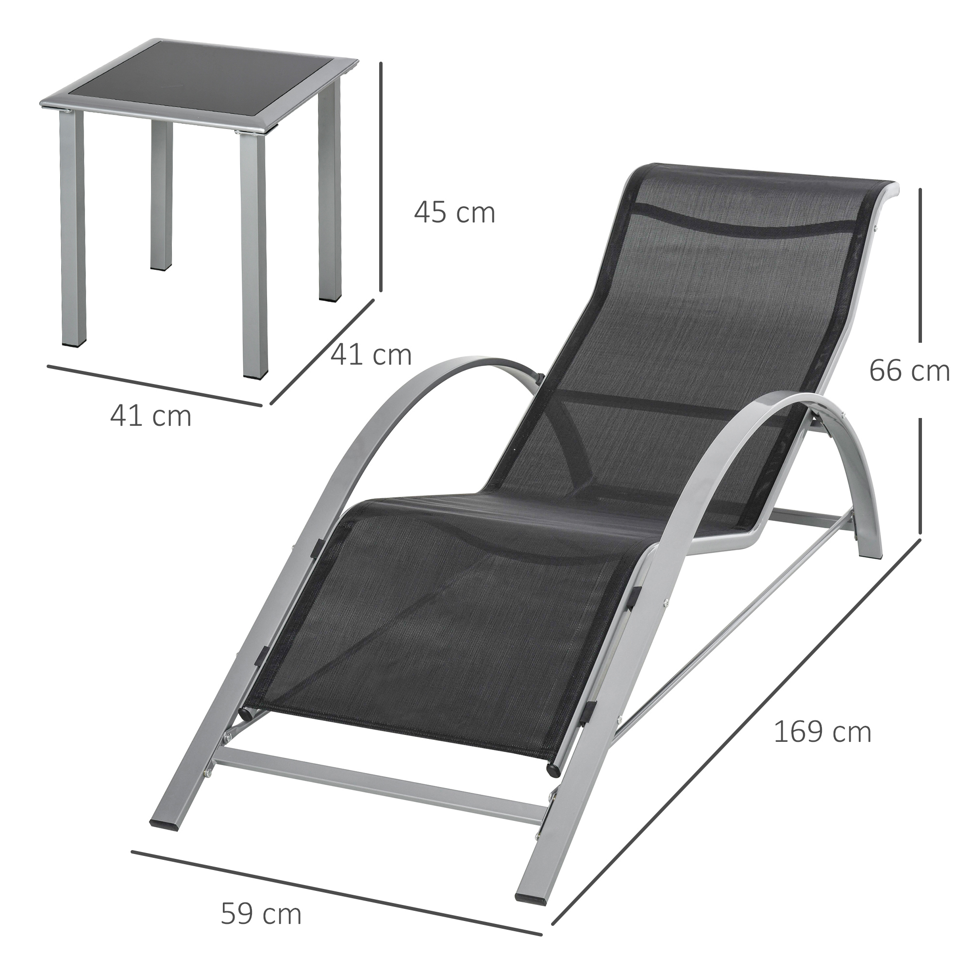Gartenliege Set Metall Mesh 3-TLG. Sonnenliege mit Teetisch Gartengarnitur mit 2 Sonnenliegen, 1 Beistelltisch Gartensitzgruppe für Garten, Balkon 59B x 169T x 66H cm Schwarz+Silber