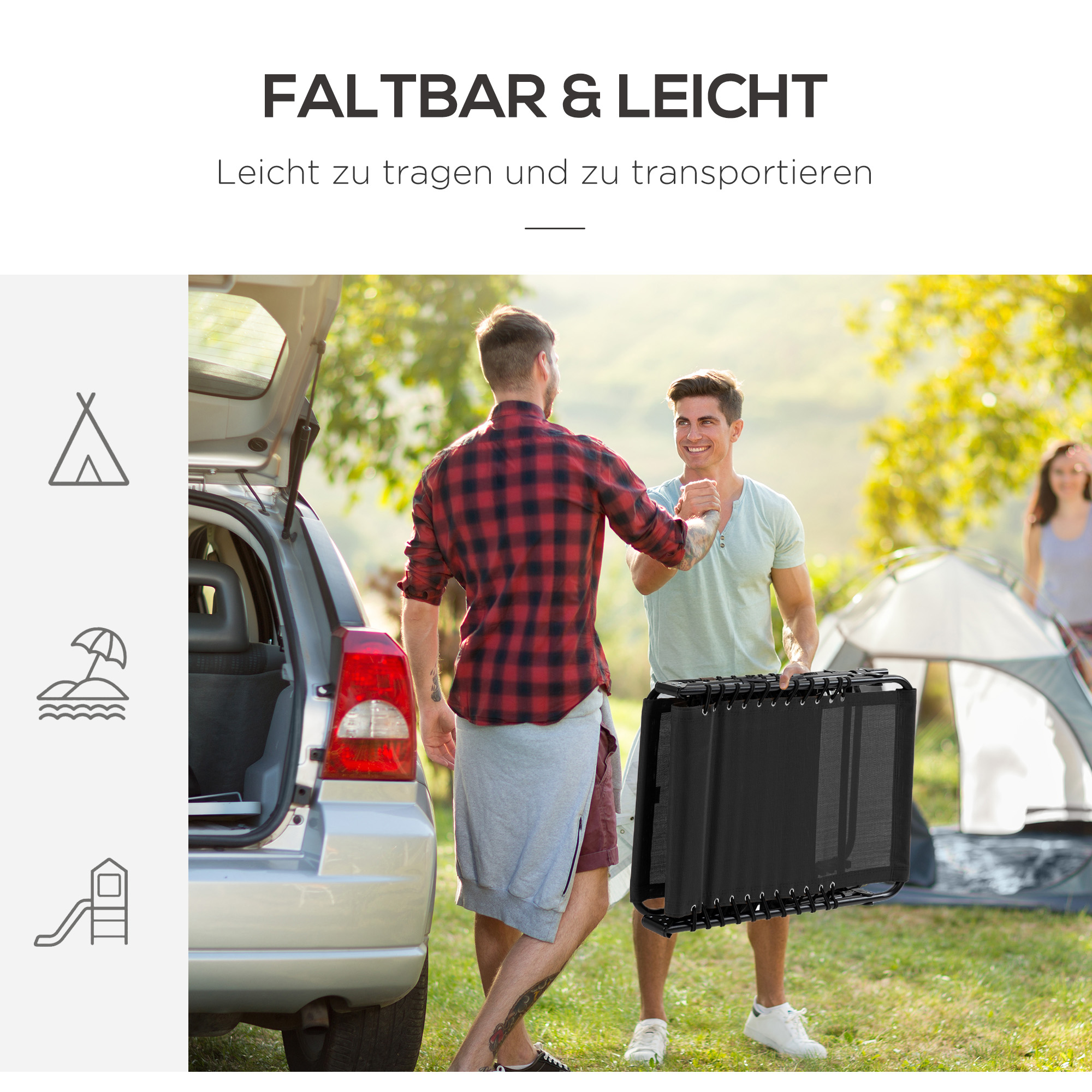 Liegestuhl, Zusammenklappbare Liege mit Nackenkissen, Stahlrahmen, Netzstoffbezug, 120 kg Belastbarkeit, Schwarz