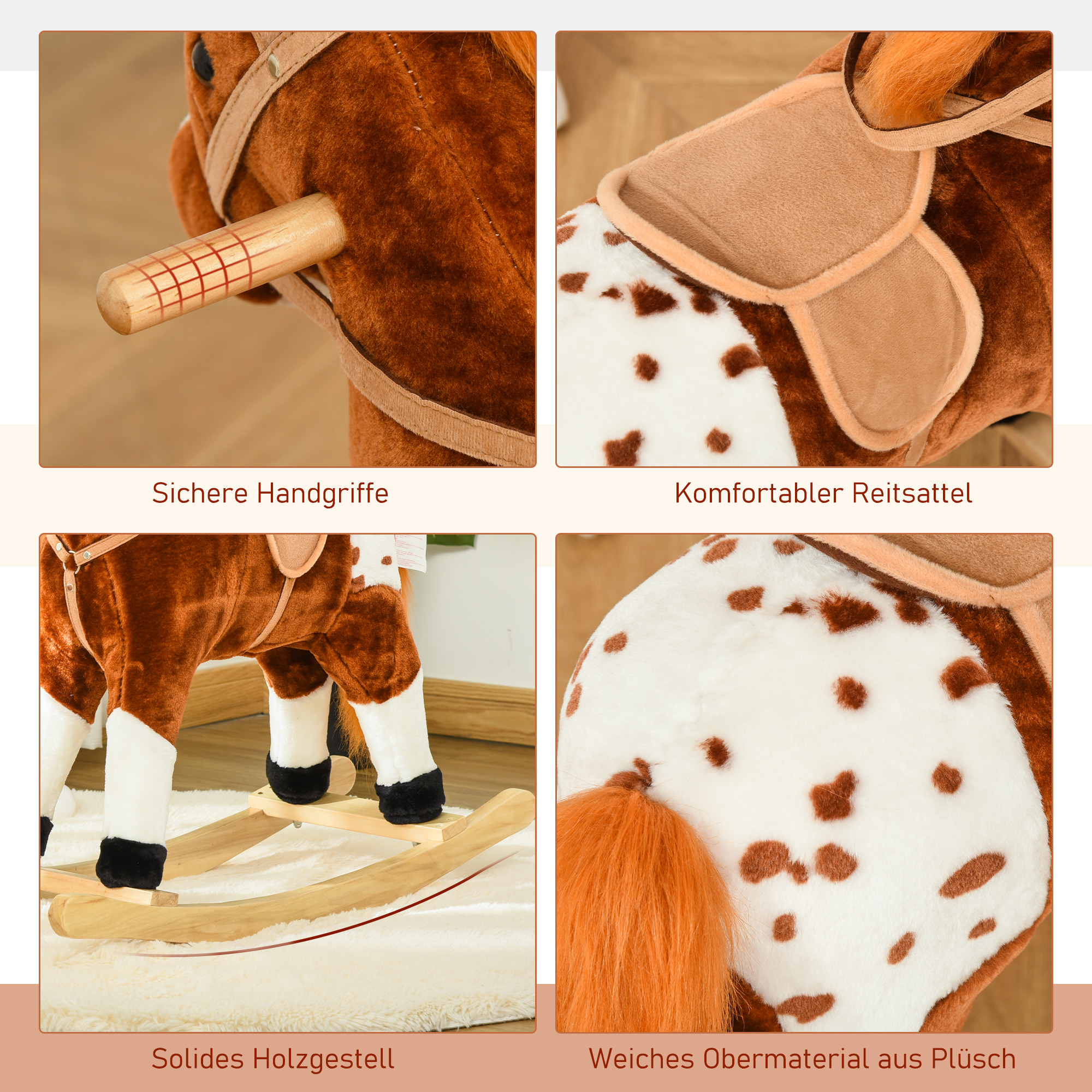 Kinder Schaukelpferd Baby Schaukeltier Pferd mit Tiergeräusche Spielzeug Haltegriffe für 3-6 Jahre Plüsch 74 x 28 x 65 cm Braun