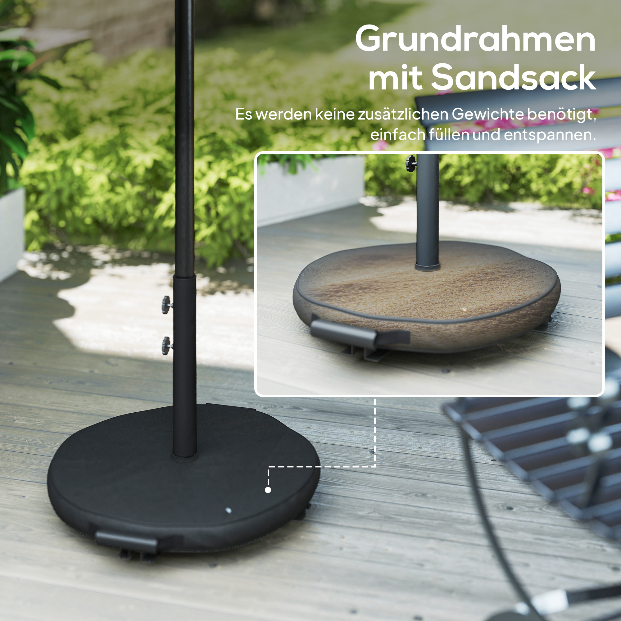 Sonnenschirm ca. Ø300 cm neigbar Balkonschirm mit Kurbel Kreuzfuß Sandsack, UV 30+ Einziehbar Cremeweiß