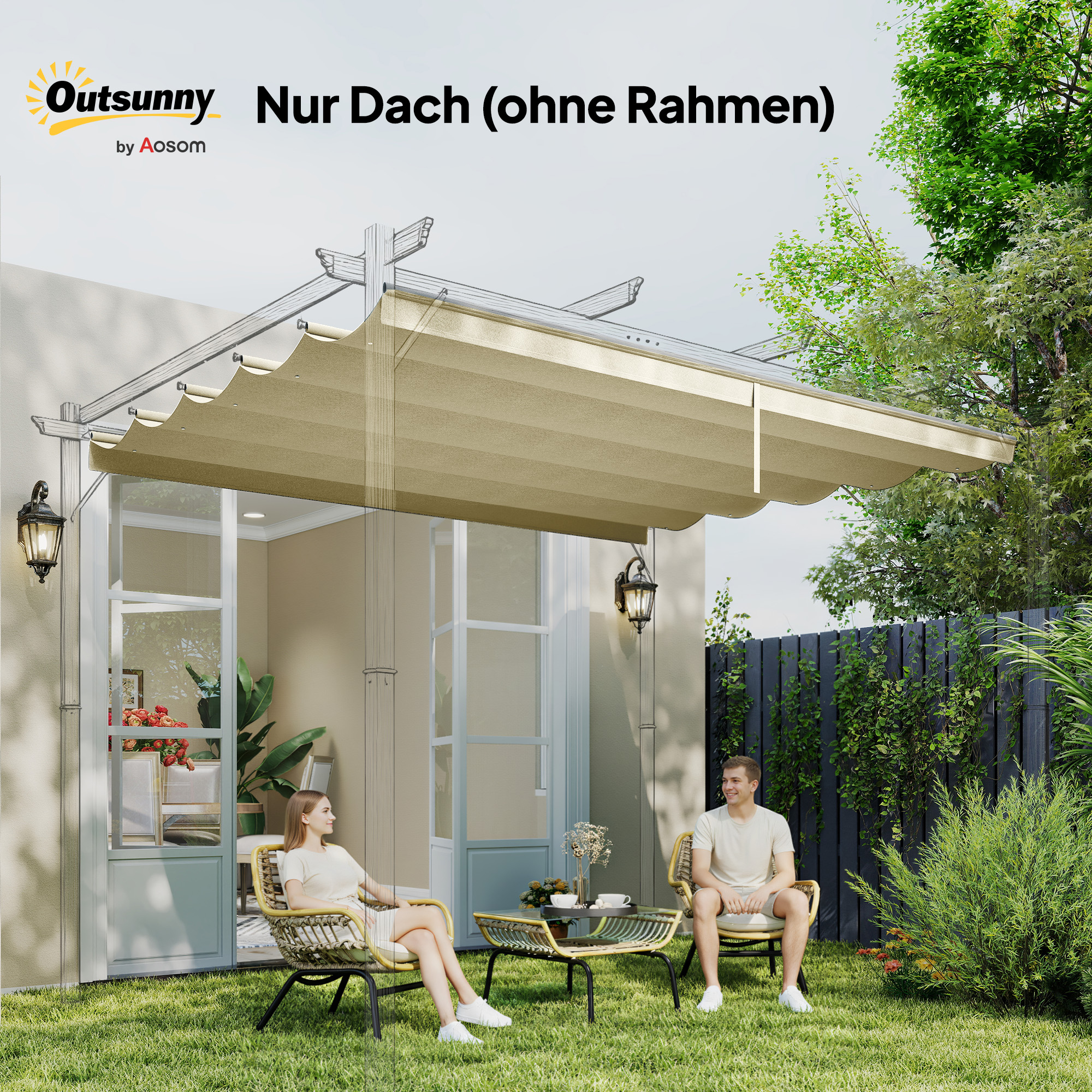 Ersatzdach für 4 x 3 m Pergola, einziehbar, mit Regenabflusslöchern, wetterfest, Polyester, Cremeweiß