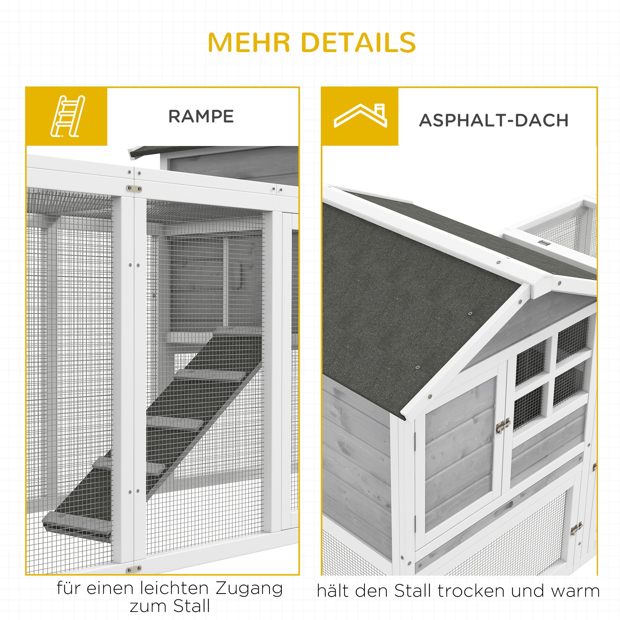 Kleintierstall, Kaninchenstall, Außengehege, Stall, Rampe, ausziehbare Bodenwannen, Weiß + Grau