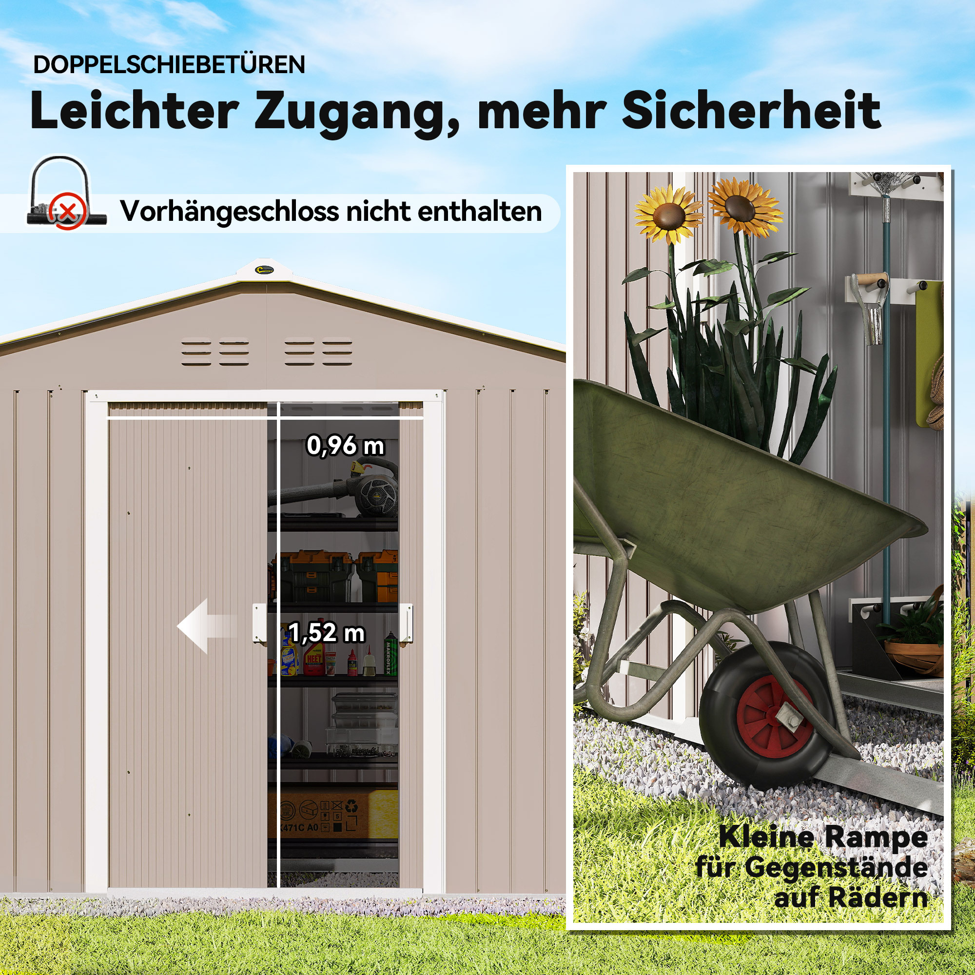 Geräteschuppen aus Metall mit Schiebetüren und Belüftungsfenstern, 277 x 195 x 192 cm, Hellgrau