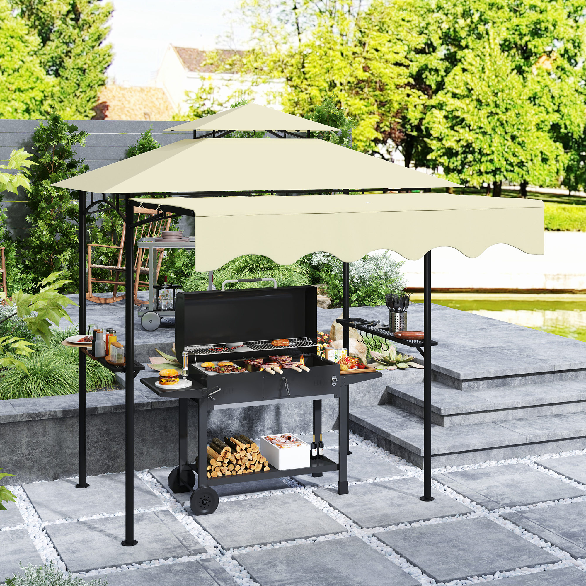Grillpavillon 242x149x248 cm wasserabweisend flammhemmend Gartenpavillon mit Doppelschichtdach Beige