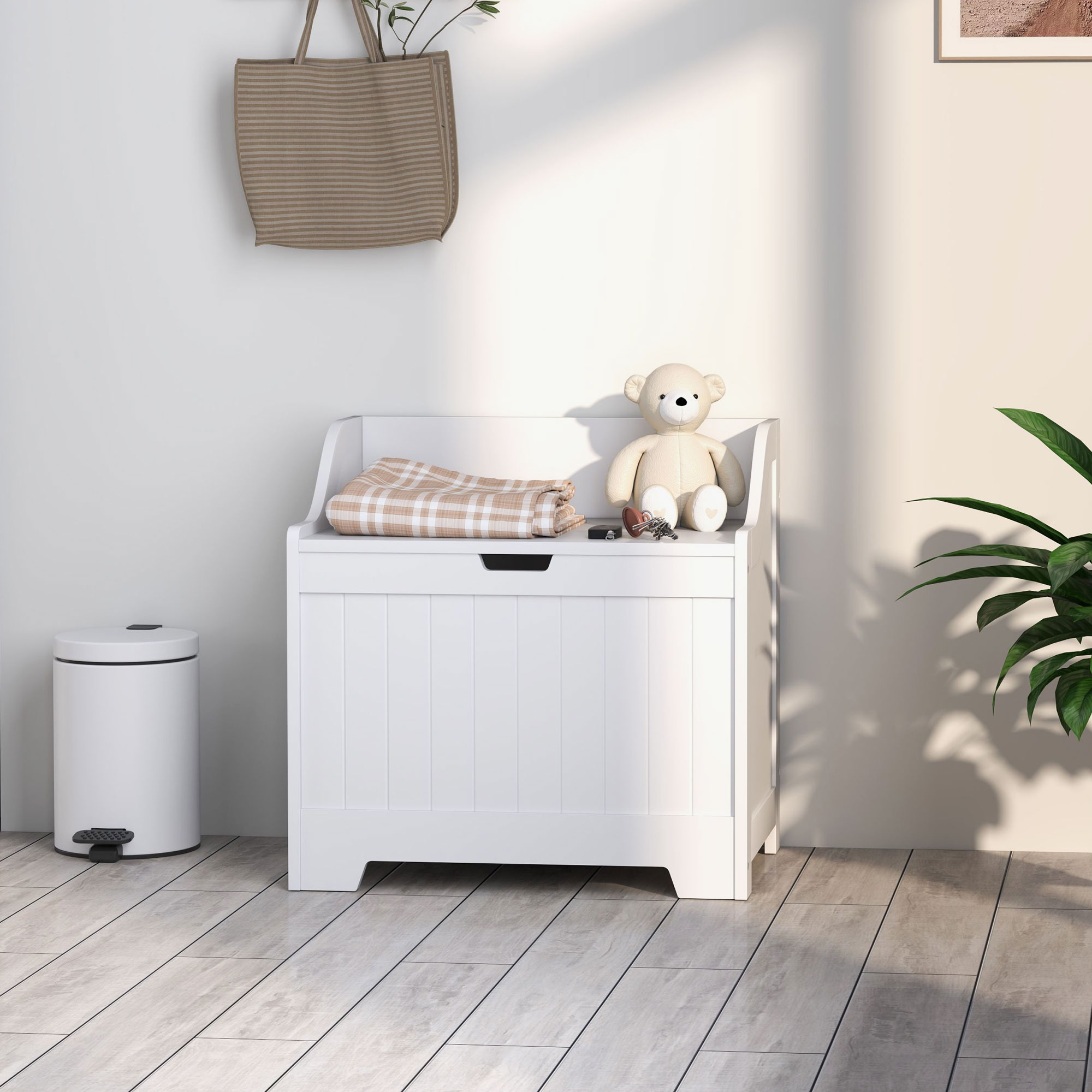 Aufbewahrungstruhe, Holzkiste mit Deckel, viel Stauraum, modernes Design, Weiß