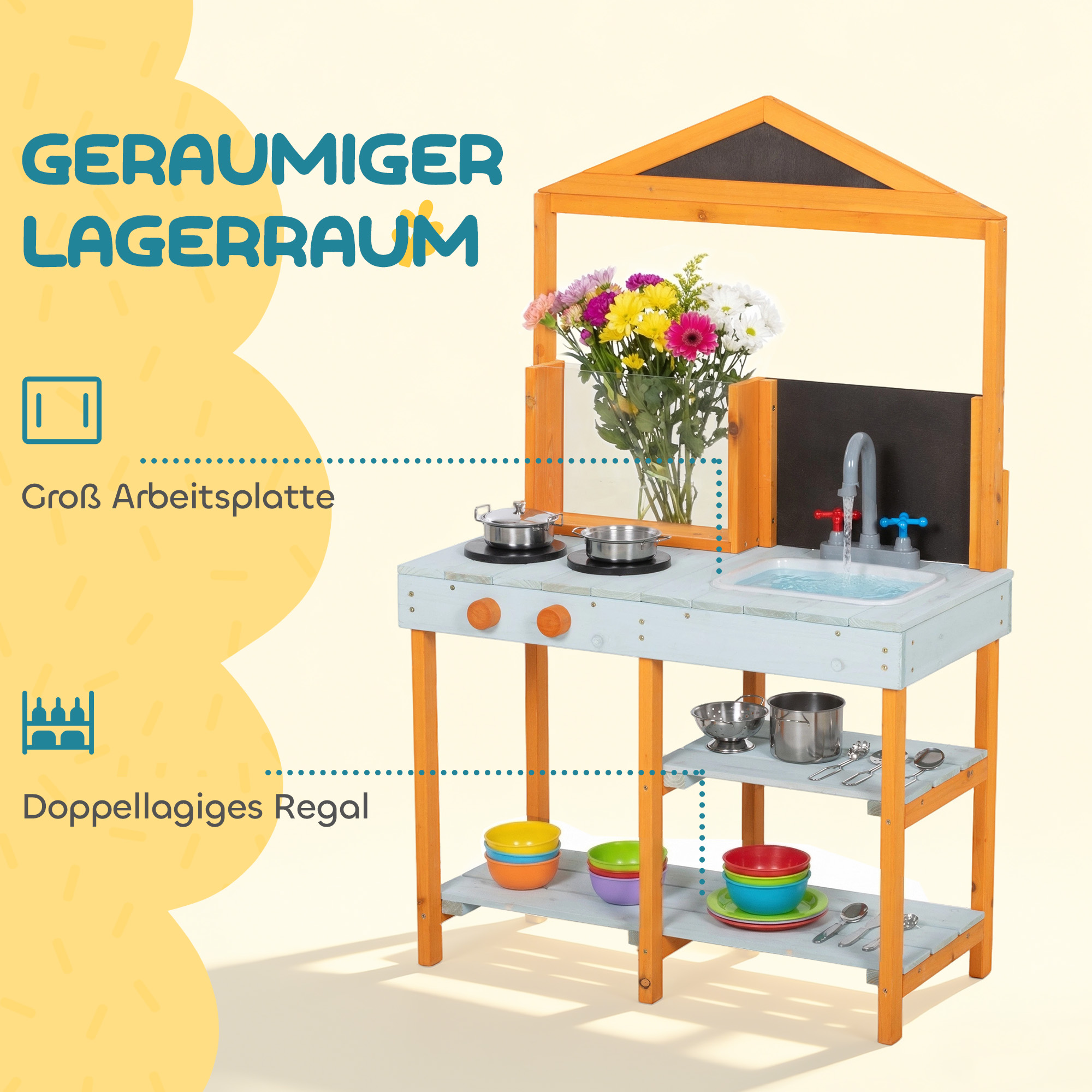 Matschküche Kinder Outdoor Spielküche Holz mit Herd Abnehmbarer Spüle Regalen für Kinder von 3-8 Jahren, Hellblau