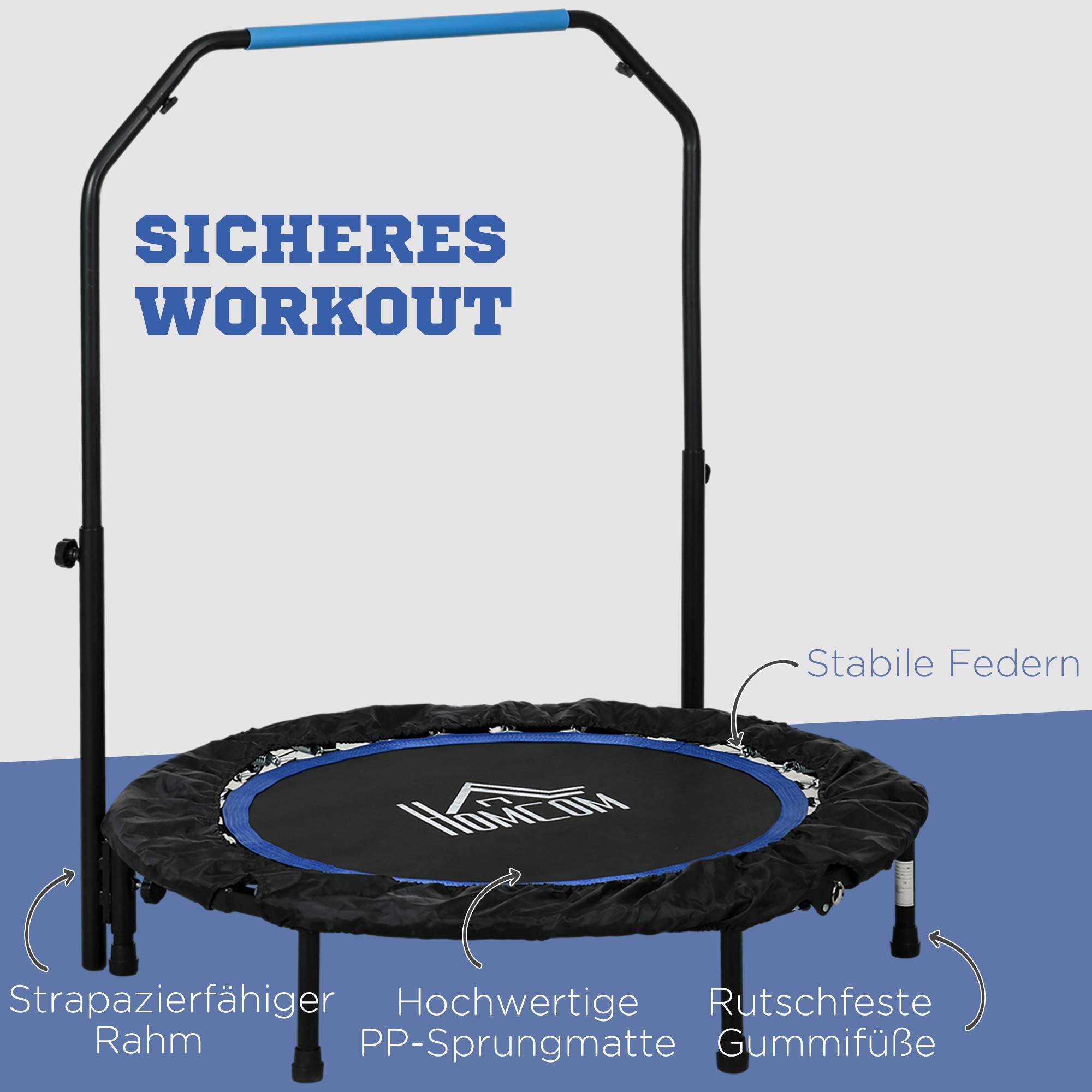 Fitnesstrampolin, klappbar, verstellbarer Haltegriff, Ø102x123H cm, bis 150 kg, Schwarz/Blau