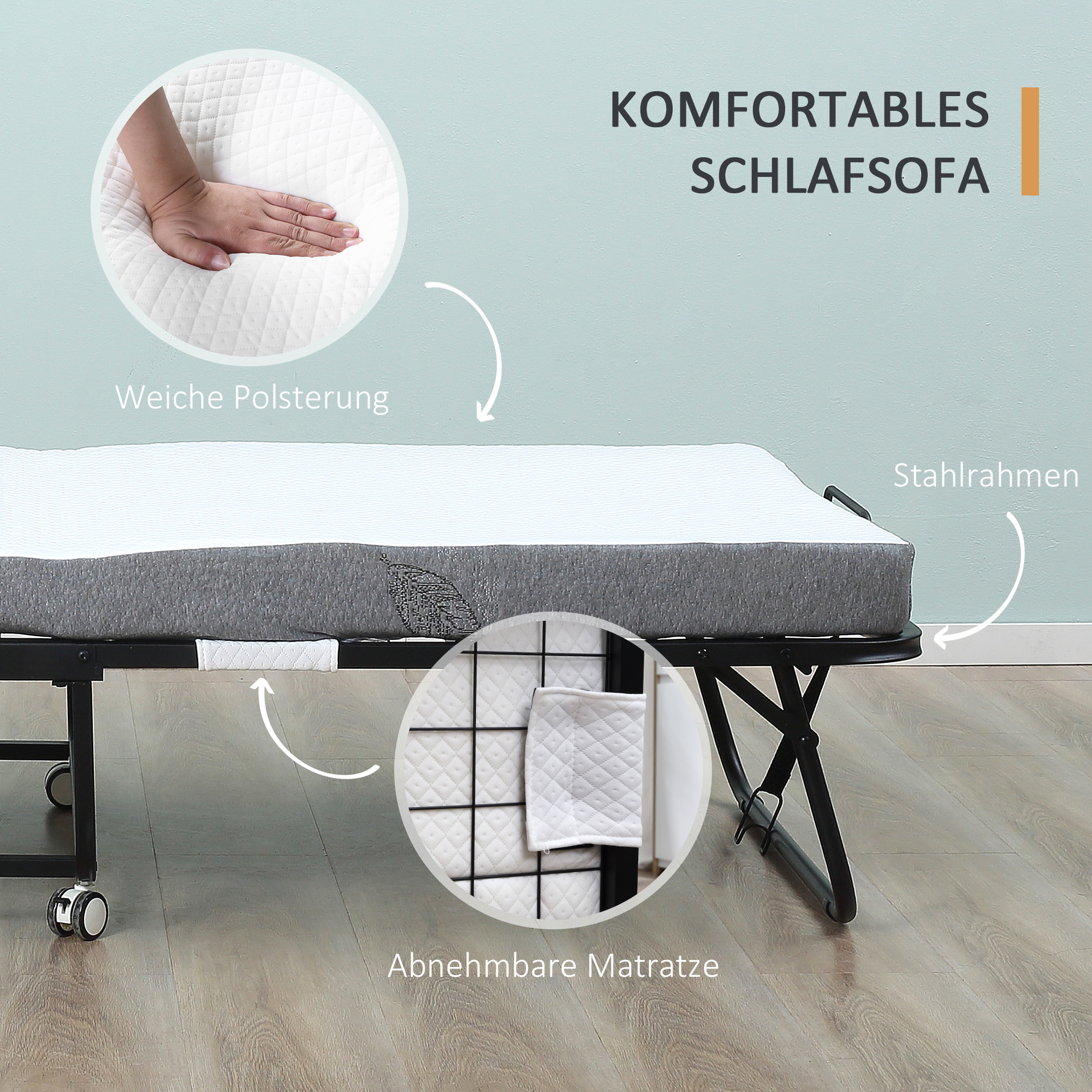 Gästebett, Klappbett, Reisebett mit Rollen, Matratze, Stahl, Weiß+Schwarz