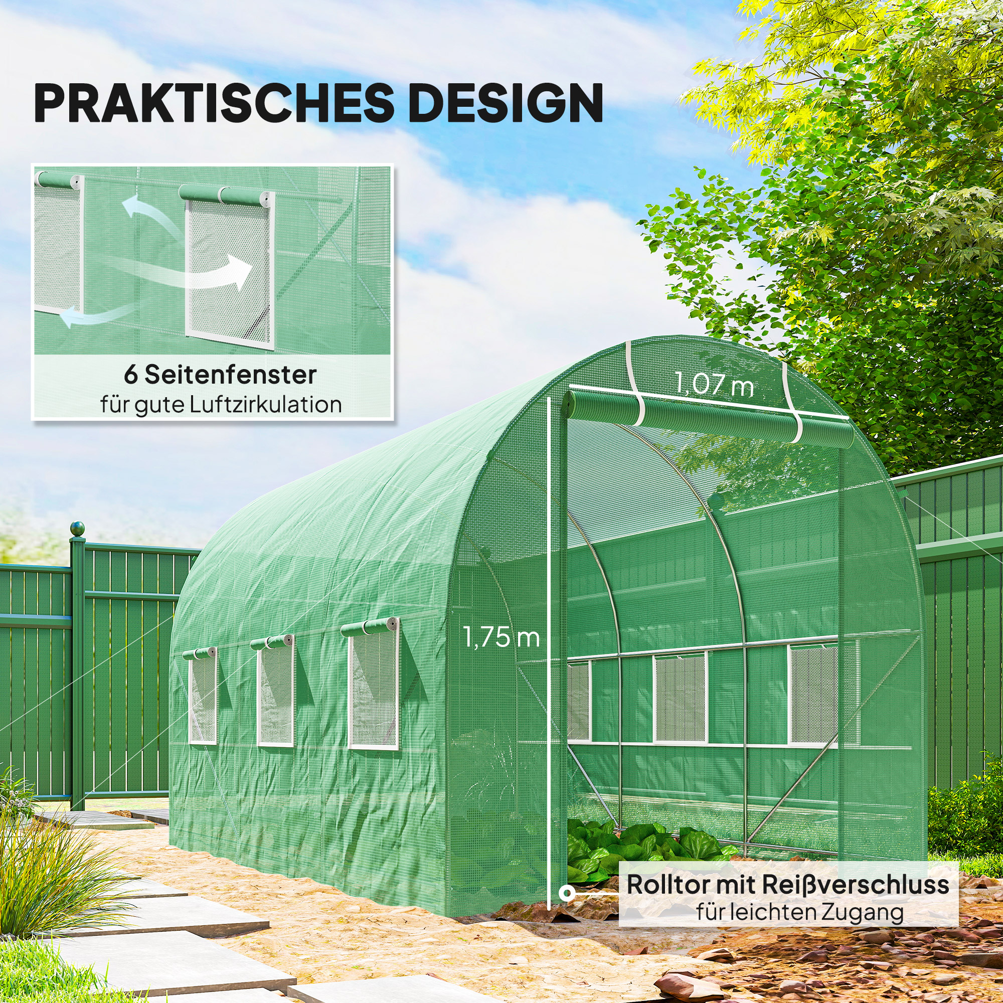 Gewächshaus 350x200x200cm Foliengewächshaus Tomatenhaus mit Tür, 6 Fenster, Folientunnel aus verzinktem Stahl, PE, stabiles Treibhaus Pflanztunnel, inkl, Erdanker & Seilen, Grün
