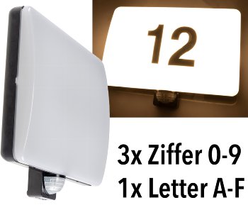 LED Wandleuchte "PADAR" mit PIR-Sensor - IP65, 20W, mit Hausnummer & Buchstaben LED Wandleuchte "PADAR" mit PIR-Sensor - IP65, 20W, mit Hausnummer & Buchstaben