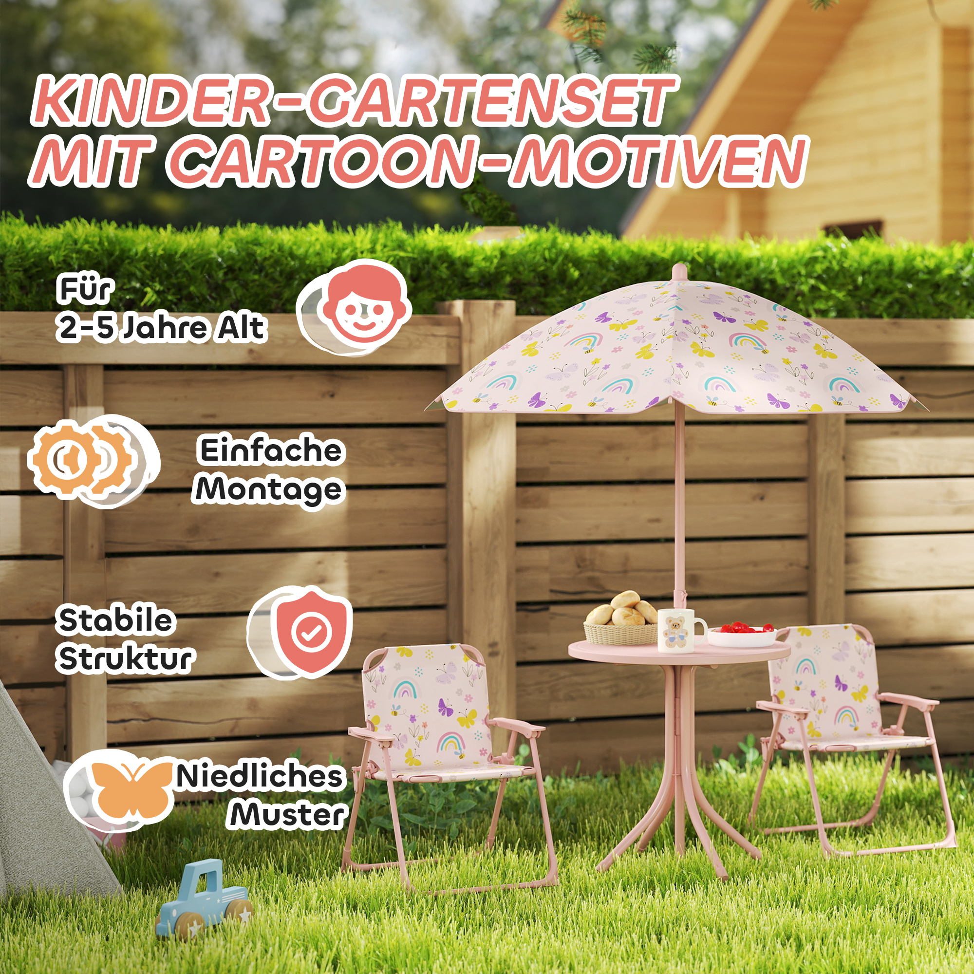 Kinder-Sitzecke, Klappstuhl-Sitz-Set mit Sonnenschirm, Buntes Muster, Rosa