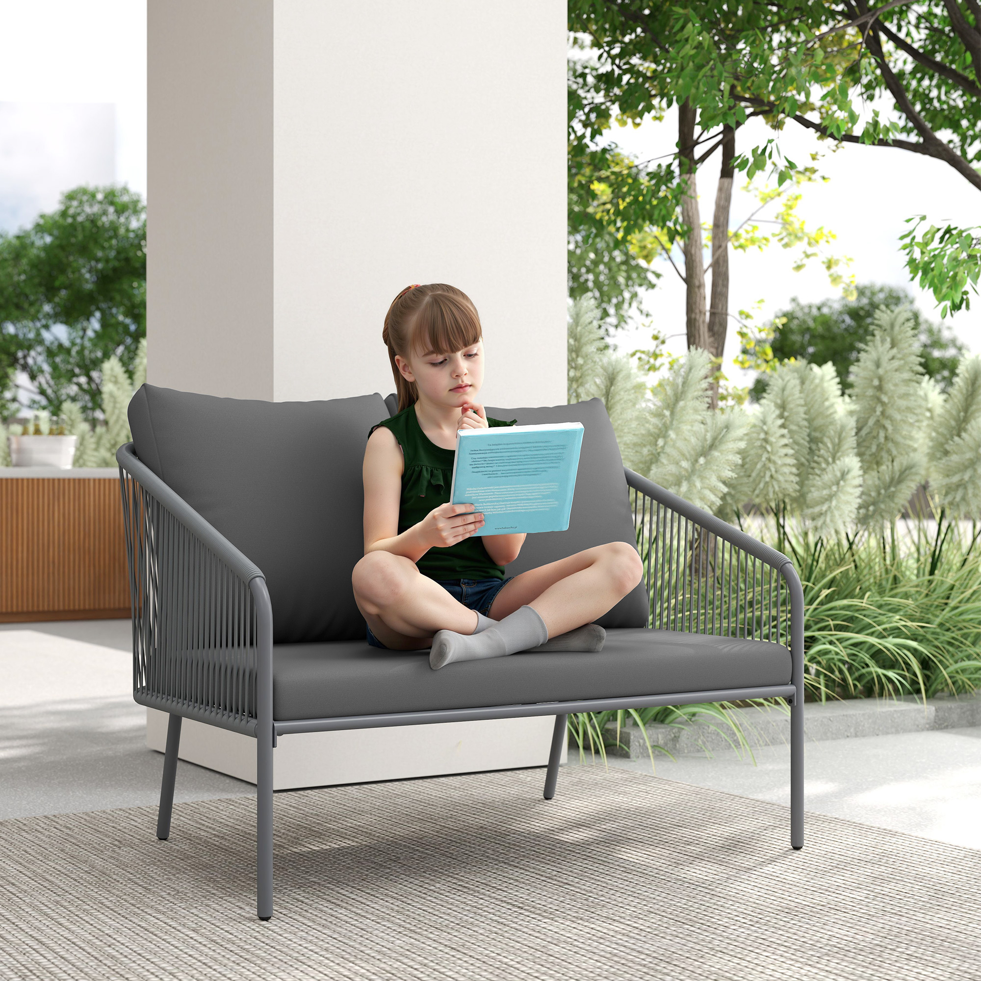 Gartensofa mit Kissen 2-Sitzer Rattan Sofa Lounge Sofa Outdoor Balkon Sofa 112 x 72 x 76 cm Grau