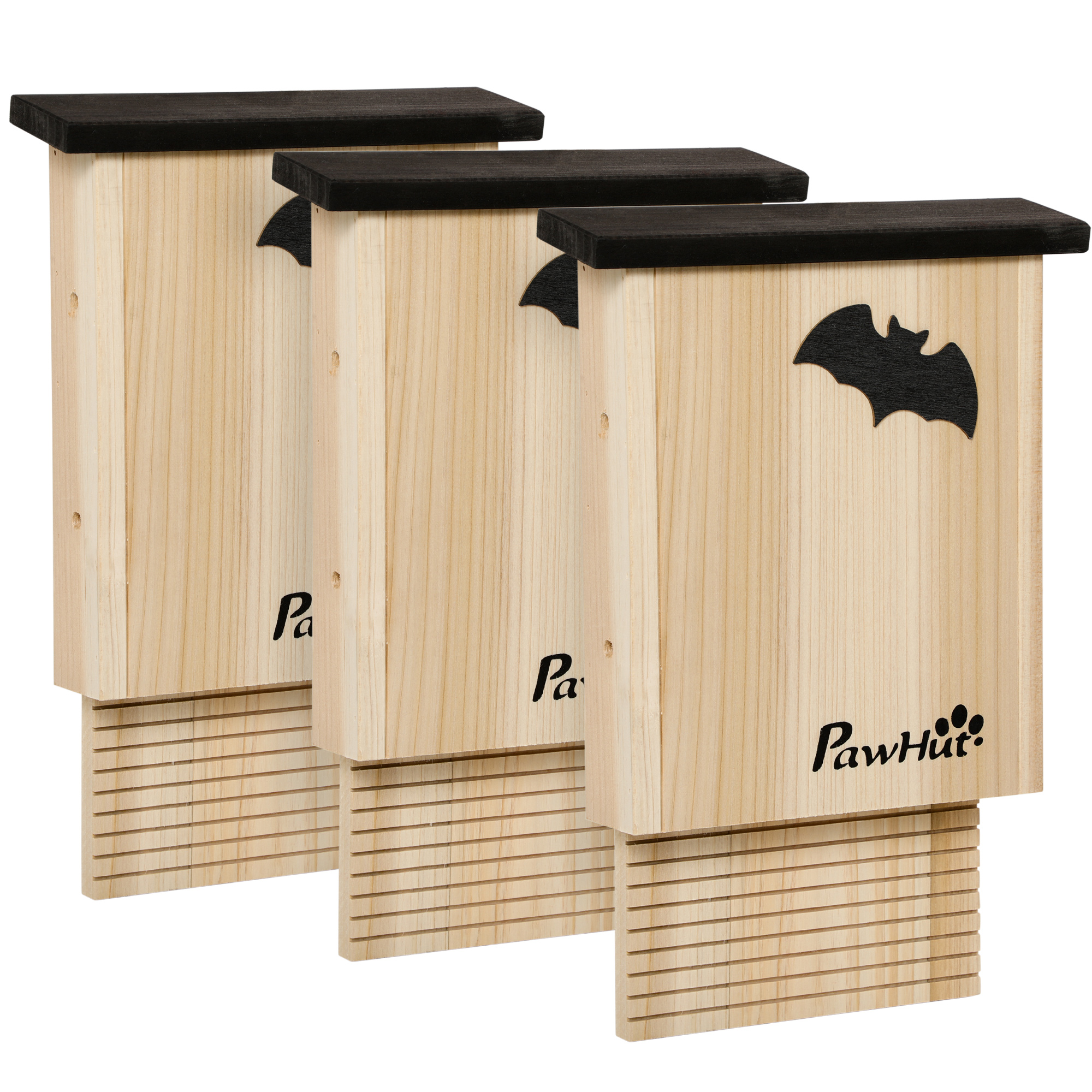3er-Set Fledermaushaus, wetterbeständig, bis zu 3 Fledermäuse pro Haus, behandeltes Tannenholz, Natur + Schwarz