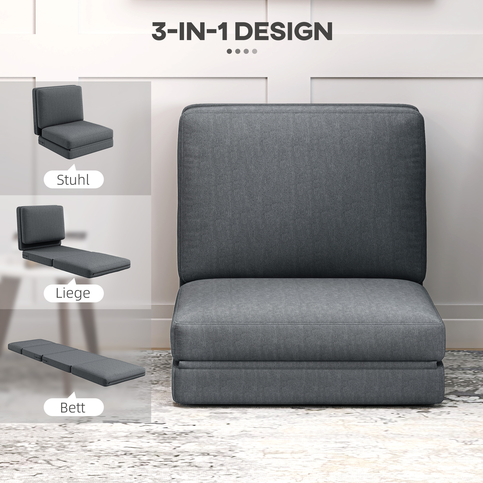 Faltbarer Bodensessel mit Kissen, wandelbares Polstersofa, Wohnzimmer, Gästezimmer, Büro, 75 x 268 x 18 cm, Dunkelgrau
