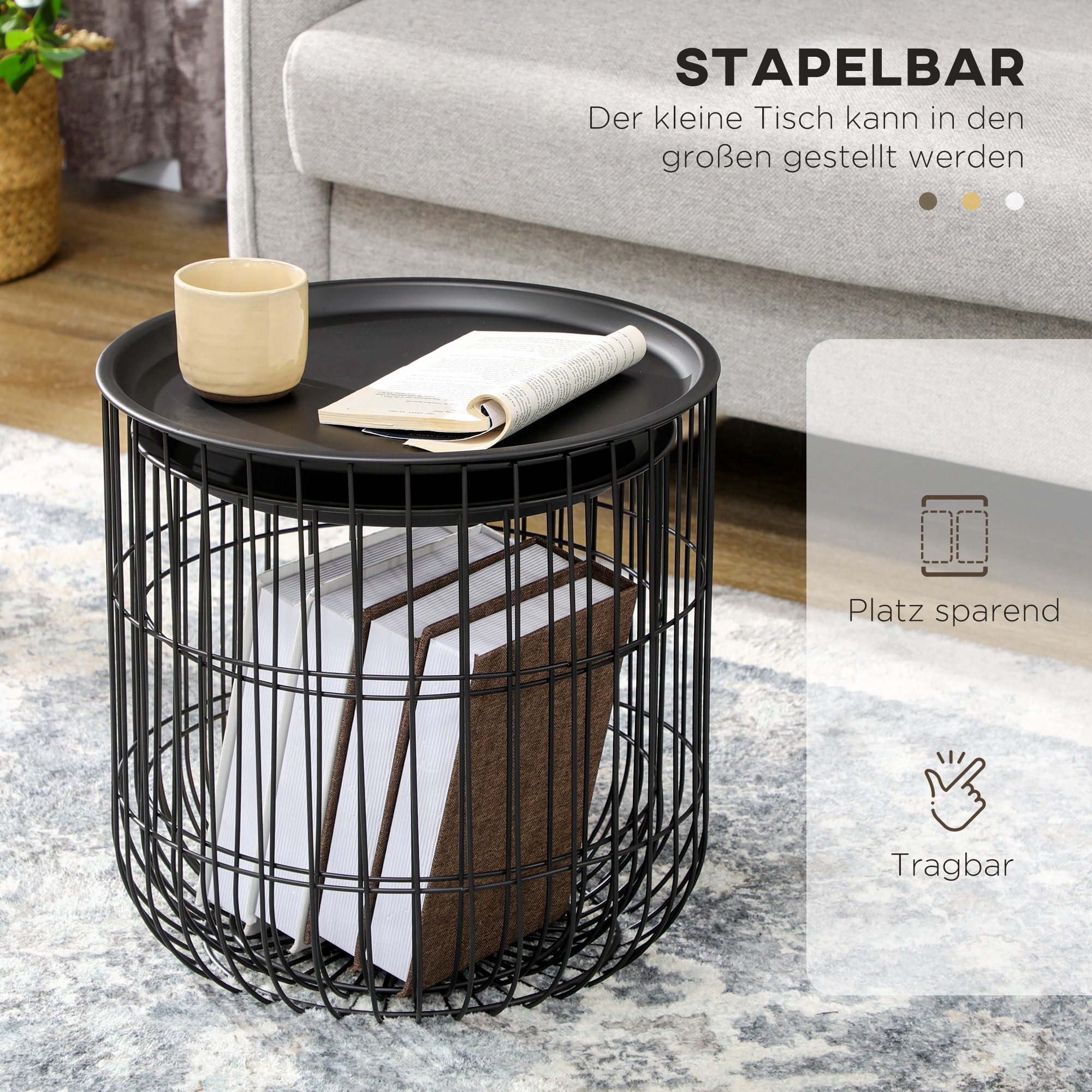 2er-Set Beistelltische im Skandidesign, mit Stauraum, stapelbar, Schwarz