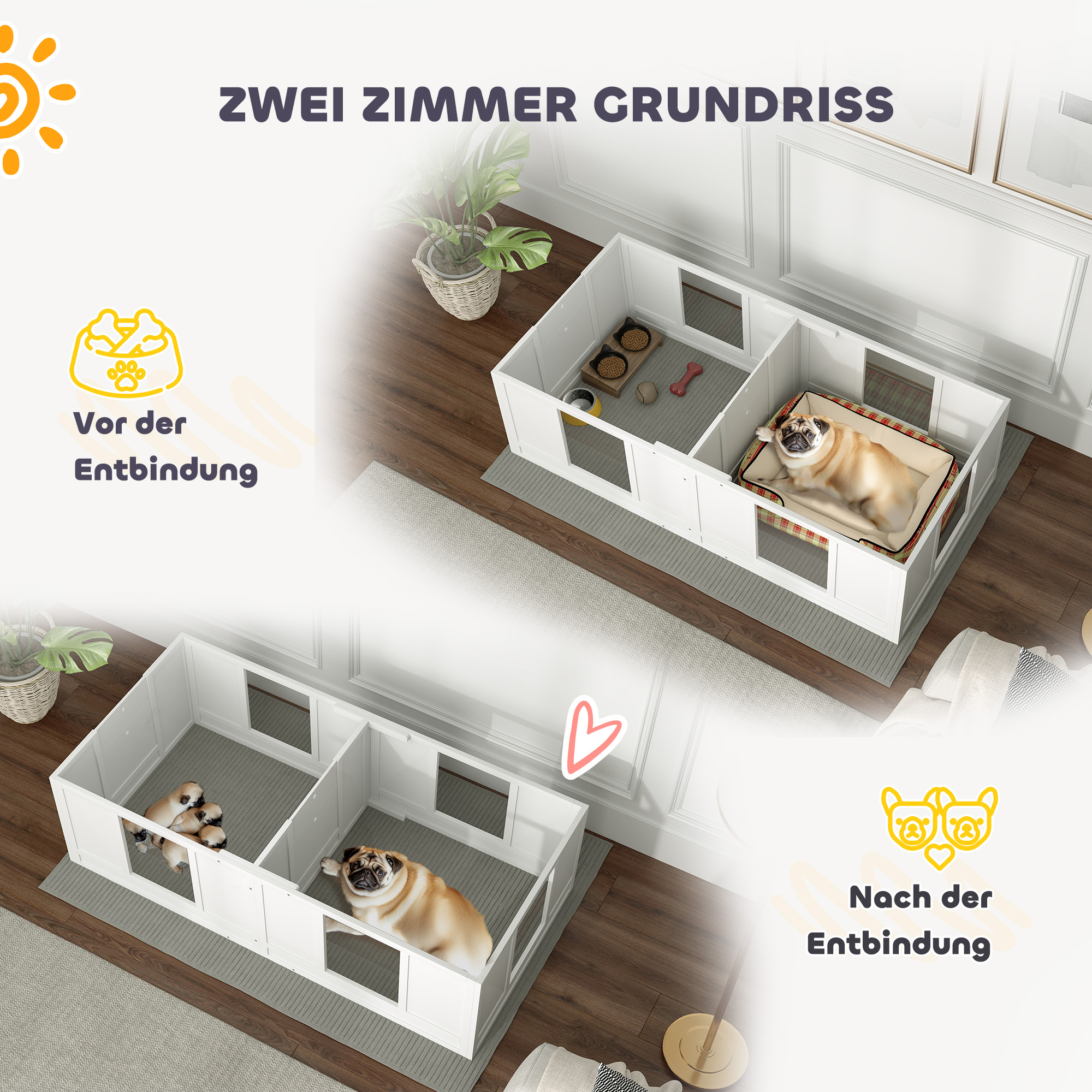 Welpenbox für Hunde, mit  klaren Paneelen, 2-Raum-Design, für kleine Hunde